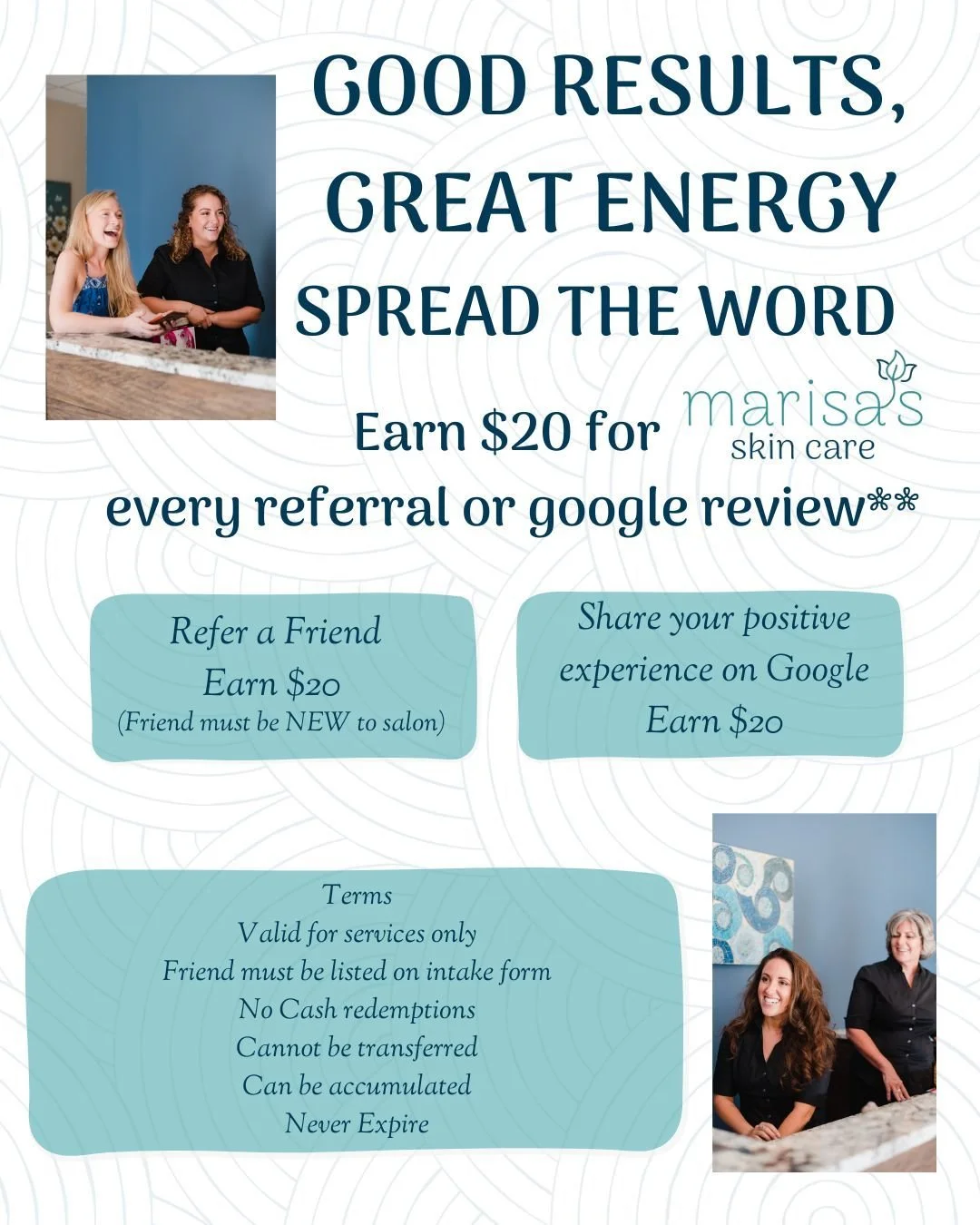Great Skin Is Worth Talking About ✨

When you love your results, we love hearing about it &mdash; and now we&rsquo;re saying thank you.

Here&rsquo;s how it works:

&bull; Refer a new client &ndash; receive $20 off
&bull; Leave us a Google review &nd