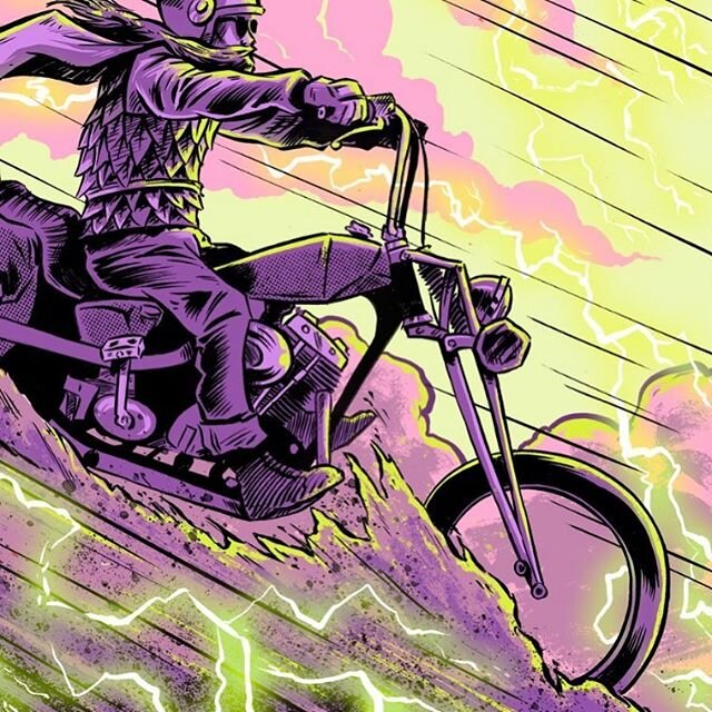 There&rsquo;s a storm coming! Snippet from the chop god inking few days ago, coloured up. This is one from a series of 5 illustrations for a client. Good fun! .
.
. .

#illustration  #ryanroadkill #brushandink #artwork #comicart #chopper #harley #cho
