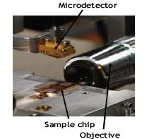 Fig.2 Visualization of a disposable chip device for sample material and a detector in the upper position for loading sample using micropipette or micro-syringe.