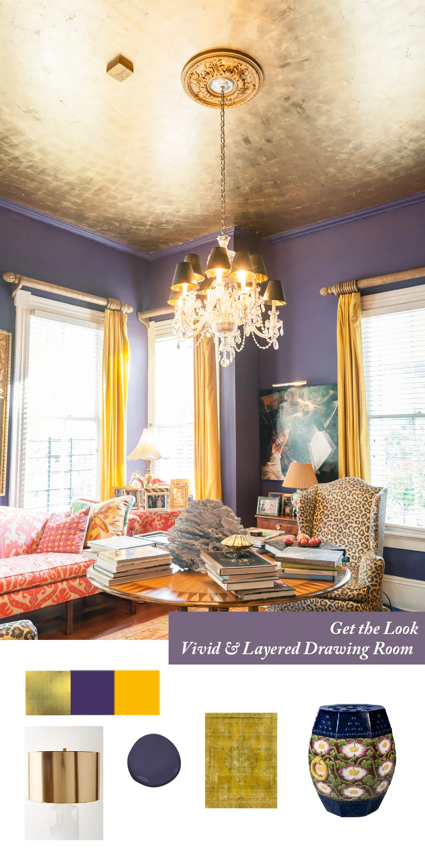 Get the Look | Southern Spring Interiors | Bring on the Color | Color Strategies for Interiors | Susan Mason | Southern Interior | Colorful Home | Colorful Drawing Room | Colorful Living Room | Orange Room | Purple Room | Gold Ceiling | Gold Leaf Ceiling | Southern Home Decor | Colorful Home Decor | Colorful Interior | Paprika Southern
