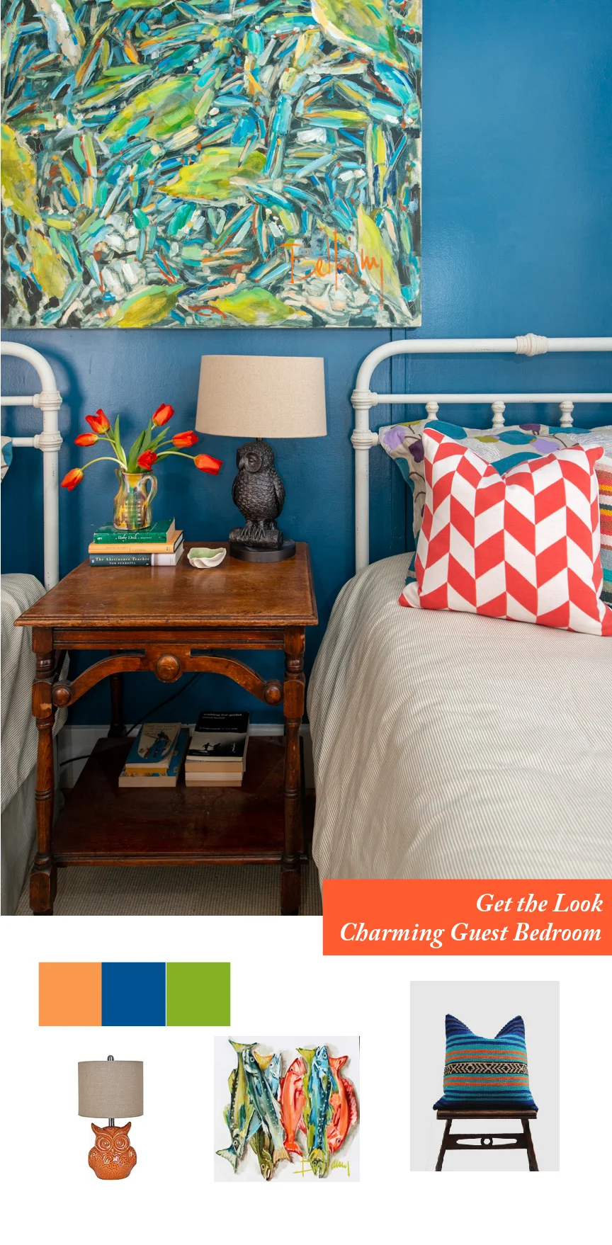 Get the Look | Southern Spring Interiors | Complementary Color Scheme | Blue Bedroom | Blue and Orange Bedroom | Guest Room Decor | Guest Room Ideas | Colorful Guest Room | Color Strategies for Interiors | Colorful Interior | Southern Home Decor | Bold Colorful Home | Paprika Southern