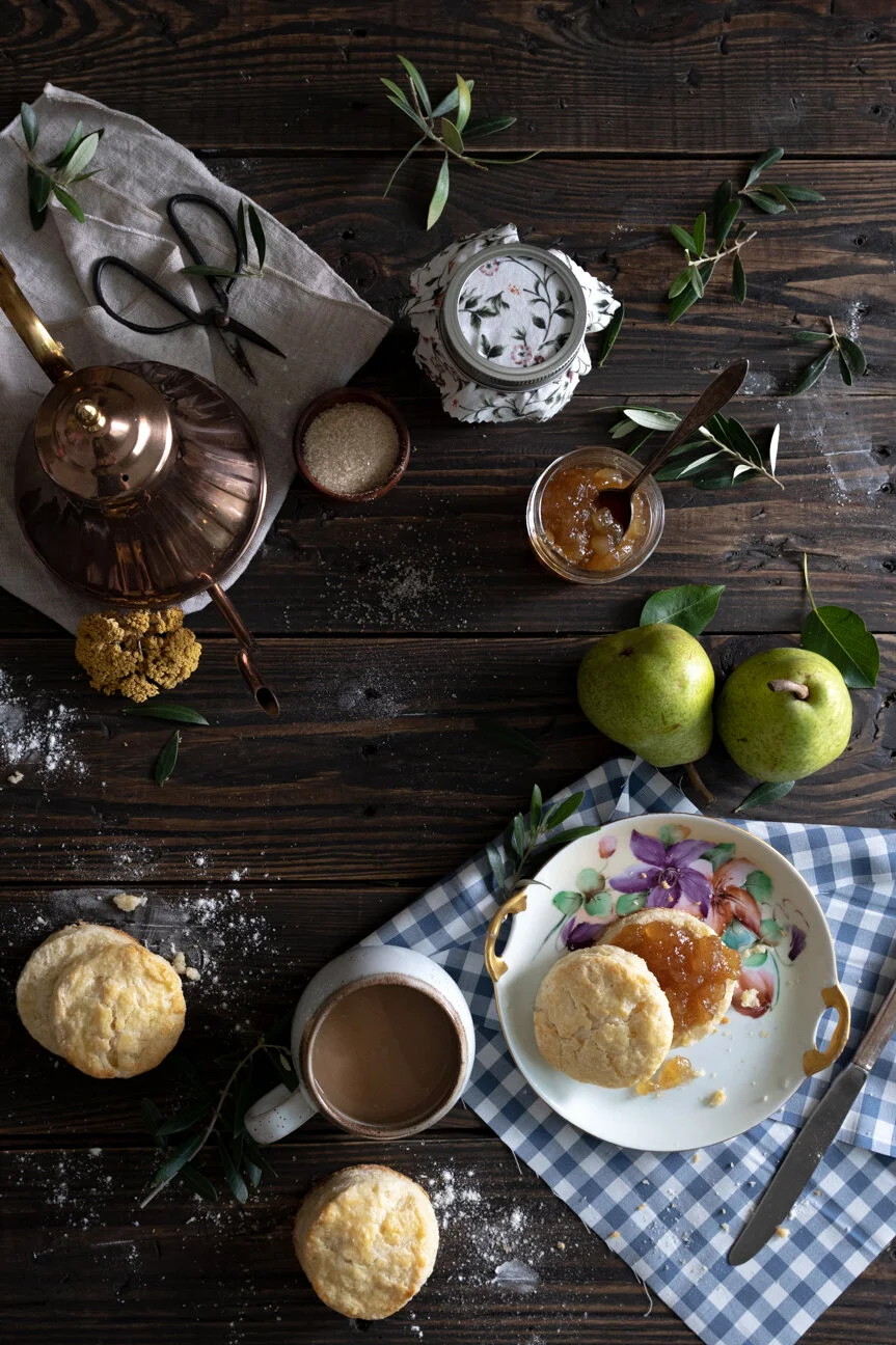 Hygge Ideas for Fall | Cozy Fall | Pears | Pear Jam | Biscuits | Food Styling | Food Photography | Food Styling Ideas | Food Photography Ideas | Low Key Food Photography | Dark Table Mood | Savannah Food Stylist | Savannah Food Photographer | Paprik…