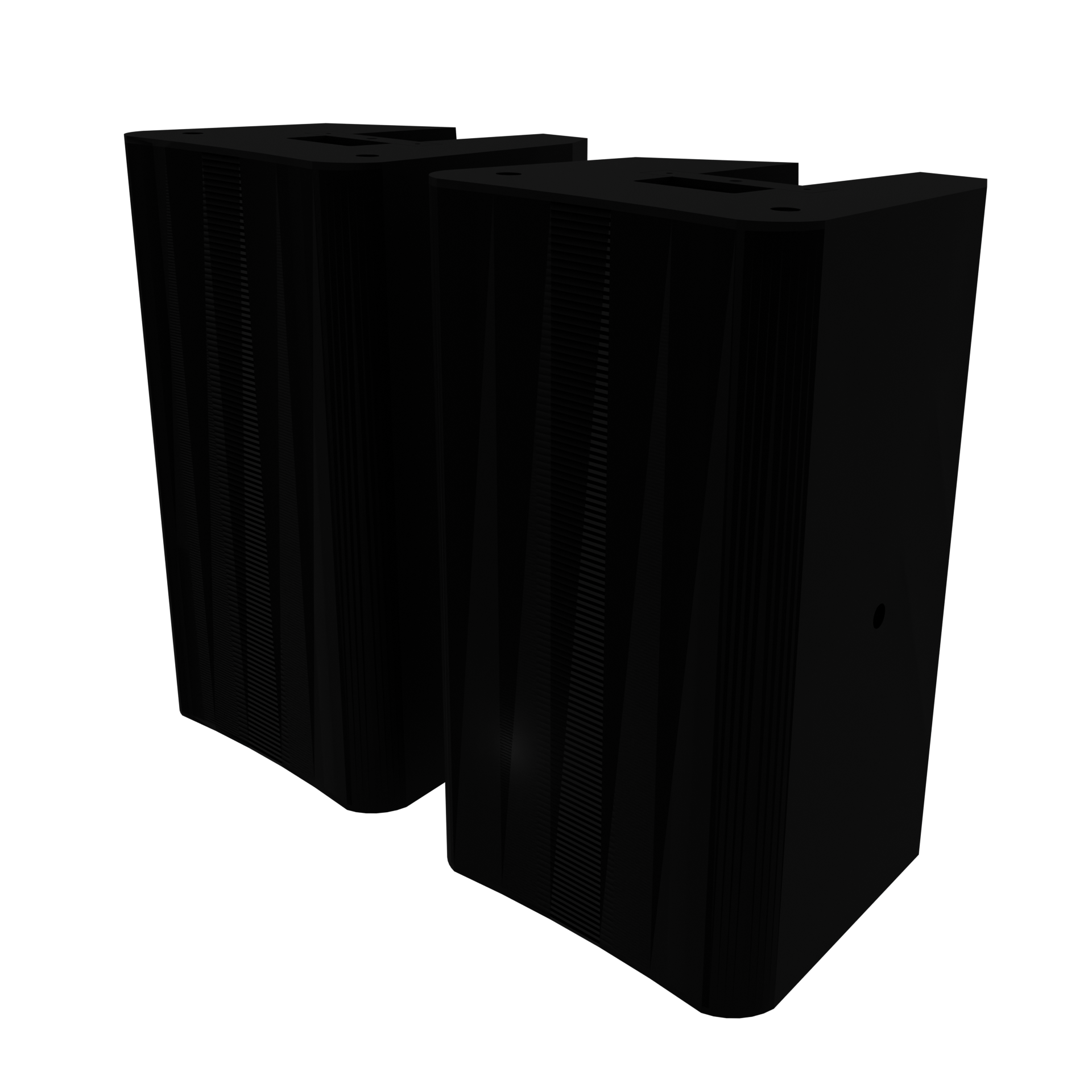 Two large black servers with illuminated purple lights at the bottom, placed side by side.