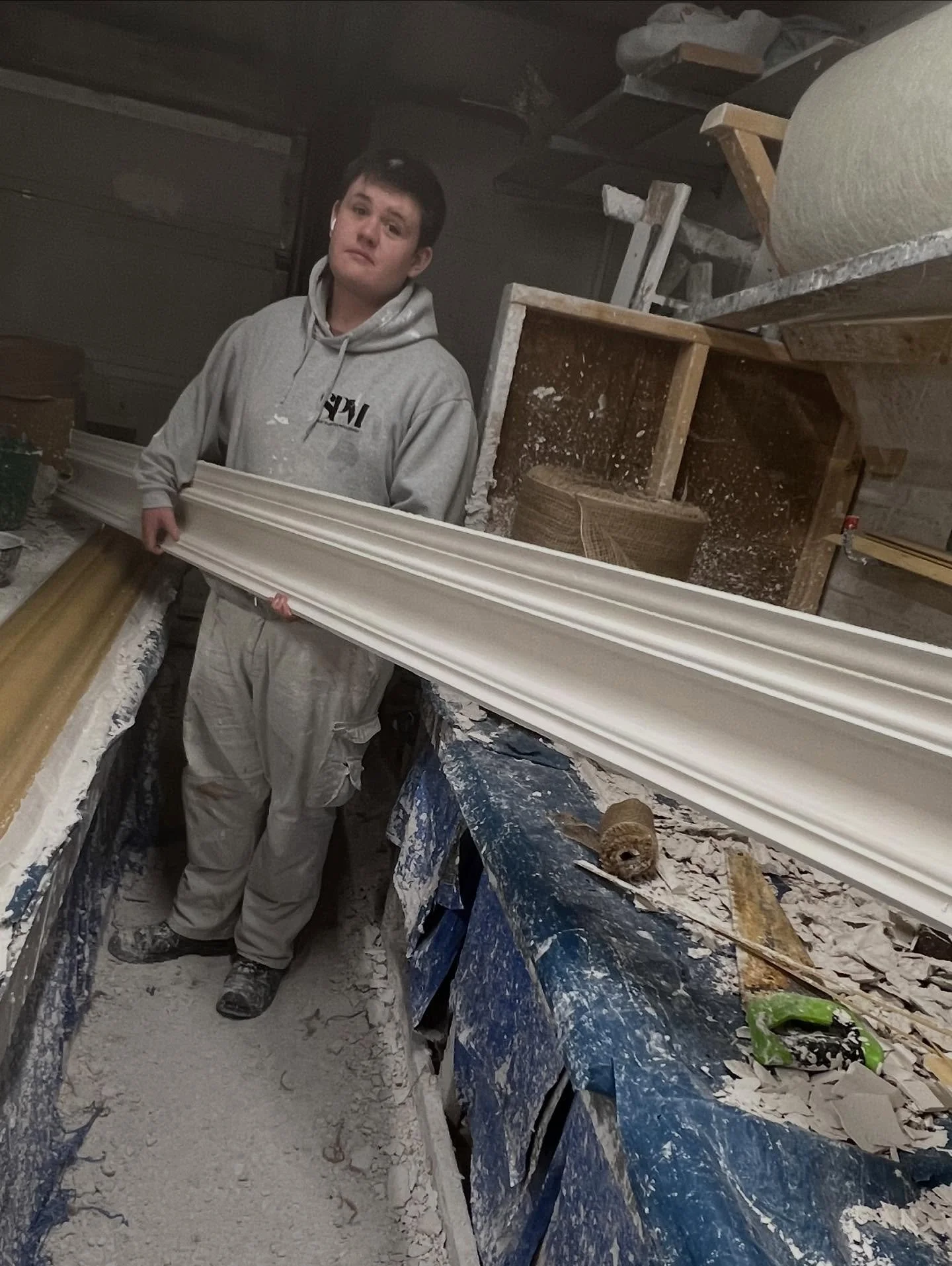 Well done to 18 yr old apprentice Josh working independently with casting cornices - completely on his own. Certainly takes off pressure from me the gaffer.  As he&rsquo;s working towards to his NVQ by collecting evidences.  Next year , would be extr