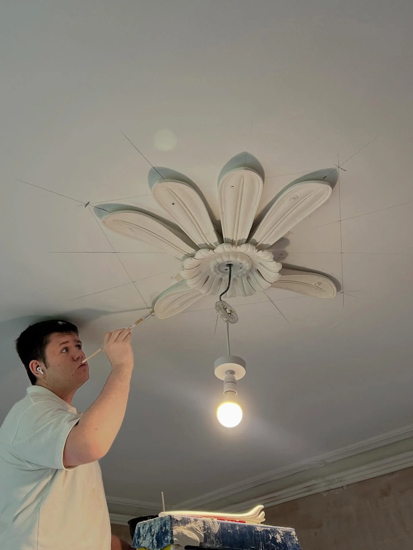 Josh is quite good with GCSE maths at school ,  especially geometry (better than me !) .  He got free reins to work out the lines , angles ,  and all leaves fit up like a glove.  He&rsquo;s very chuffed with the outcome.  Team work helps!