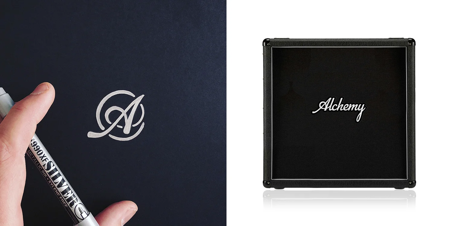 Monogram and word mark design for Alchemy Cabs, a Guelph-based manufacturer of custom made guitar amplifiers (2018).