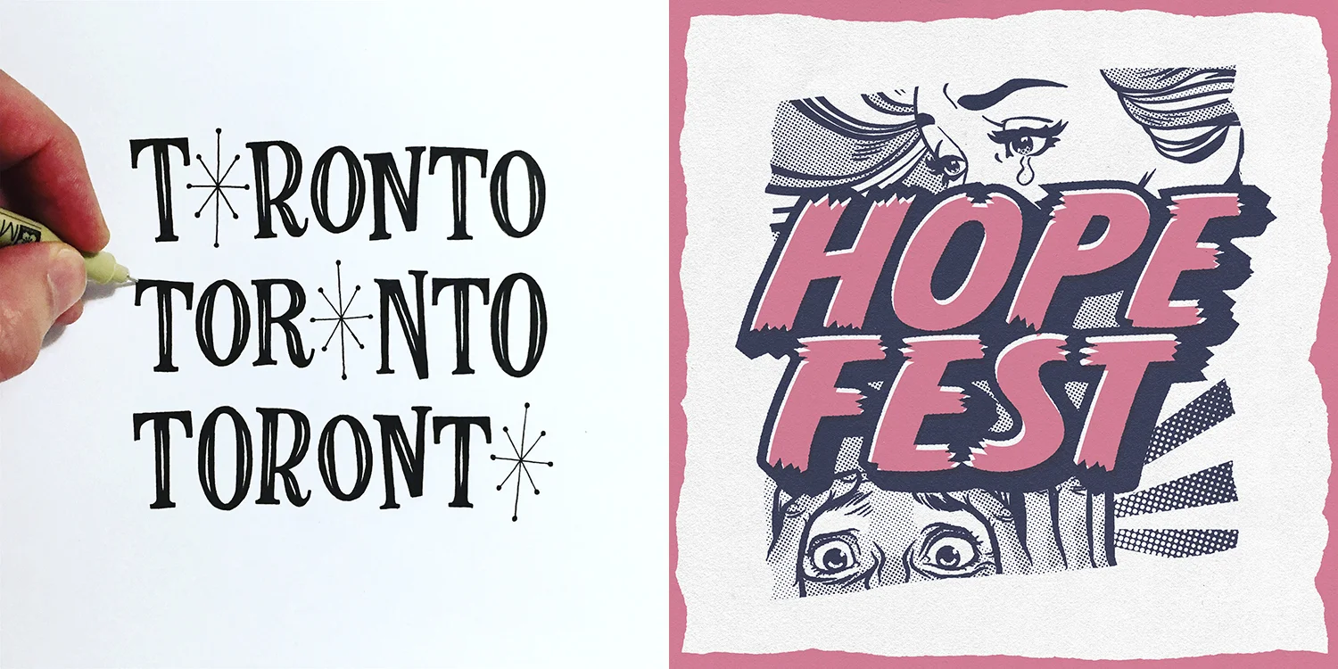 Lettering composition (left, 2017) and poster design for Waterloo music festival Hope Fest (2018).