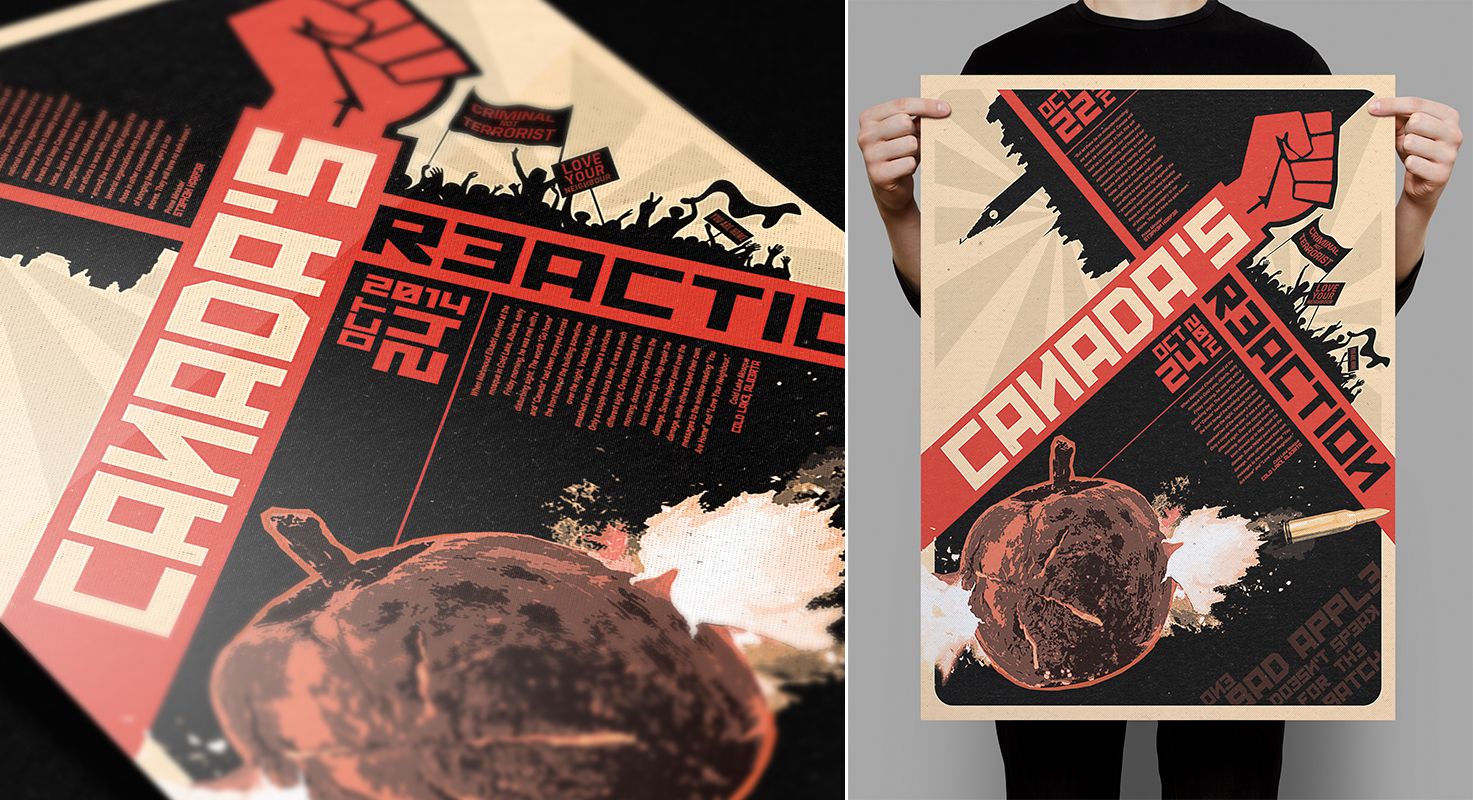 Another project for History of Graphic Design: create a historically-informed poster design that addresses a contemporary event, cause or social issue. I chose to use a layout and graphic techniques commonly found in Russian Constructivist propaganda style to call attention to the issue of gun violence in Canada, specifically that of the attack at Ottawa’s Parliament Hill in October 2014.