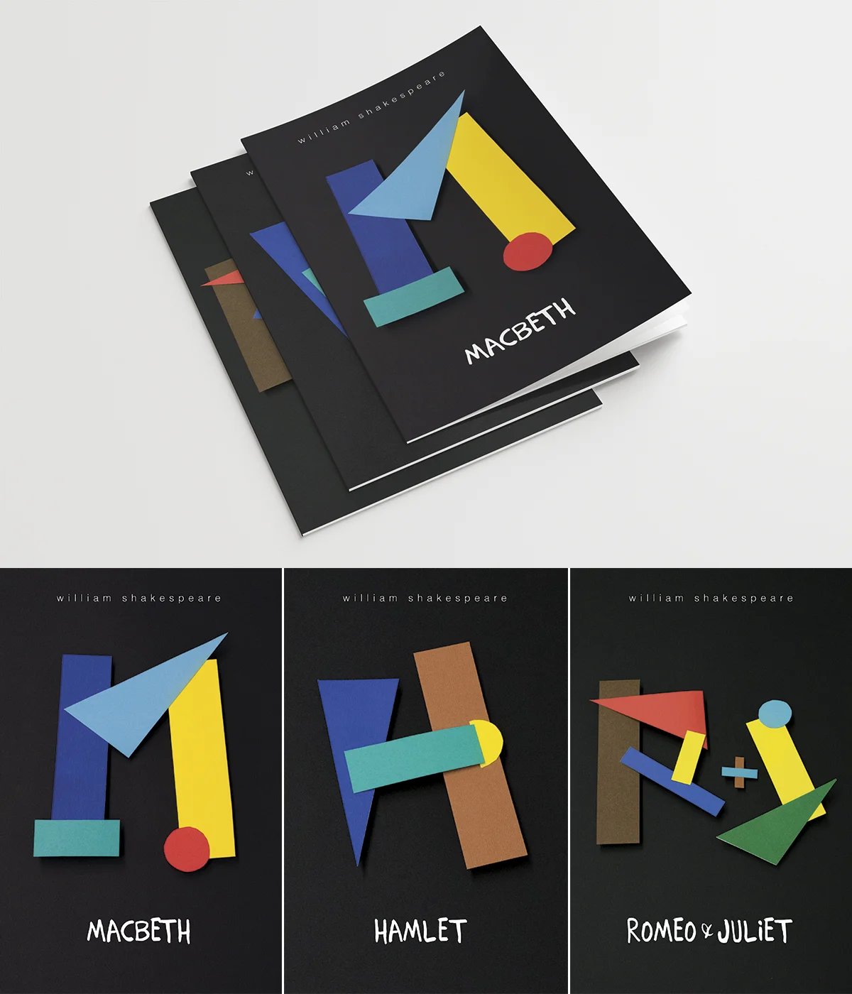Also in the graphic vein of Russian Constructivism, I used a different, more abstract variation of the style in a set of book covers I designed for a series of three Shakespearean writings. The illustrative capitals used for each title are comprised of geometric shapes that I cut out of coloured construction paper, which I then photographed and compiled into the cover layouts. A second set was also created (pictured below) — this series used Saul Bass’ 1950s movie title sequence designs and Swiss Modern typographic treatments as inspiration to drive the stylized vector illustrations of the three Shakespeare plays.