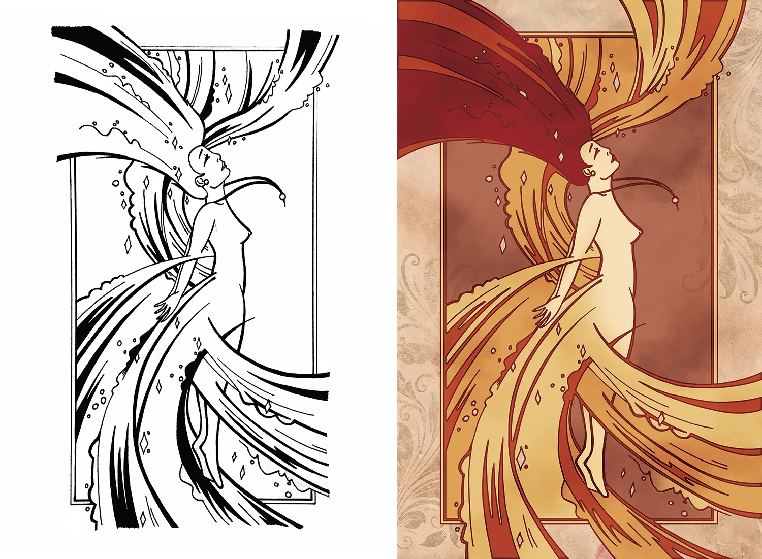 An exercise for Drawing class: create a flat black and white line drawing by hand, and bring it into a digital environment using colour, texture and dimension. My illustration explored the organic forms and warm colour palette of Art Nouveau design through a whimsical illustration of a fairy in transformation.