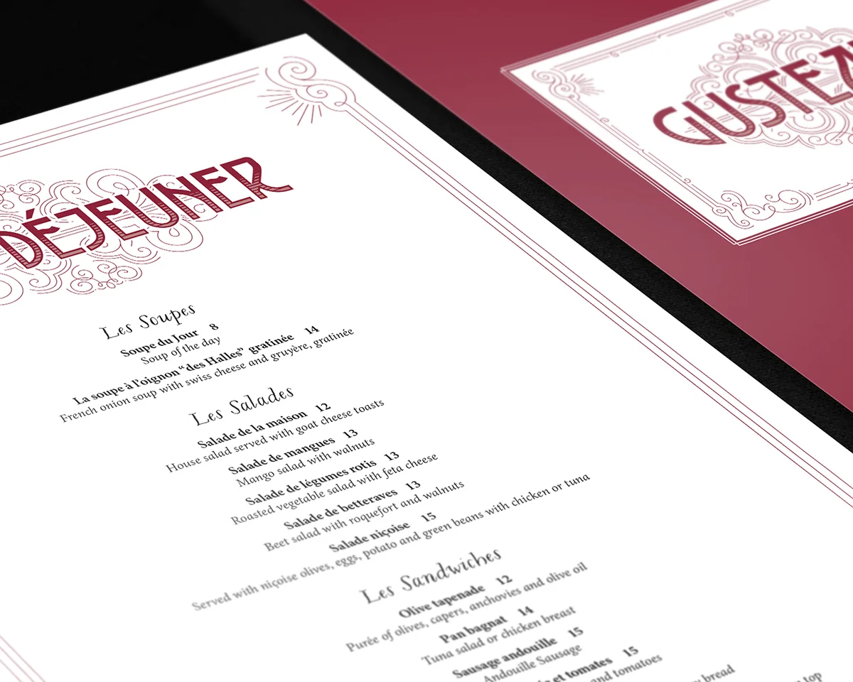 The Ratatouille-inspired project sort of evolved over time with the introduction of additional assignments as part of the same general theme. Gusteau’s cookbook became a multi-page menu and wine list for the chef’s fictional restaurant, complete with an animated logo (which took me a very gruelling week of sleepless nights to learn in After Effects).