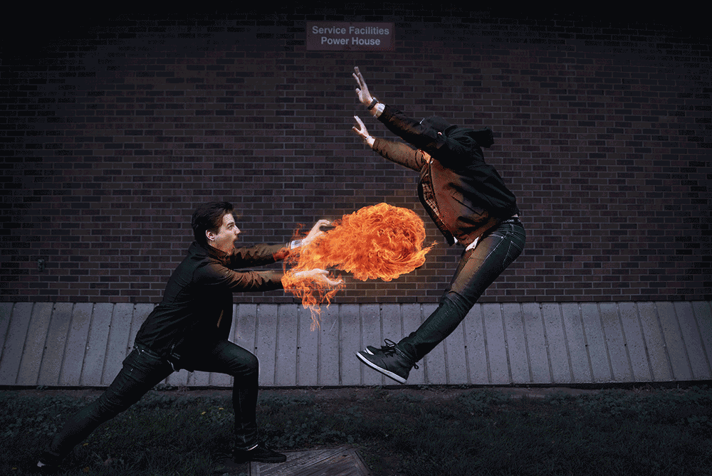 Having some fun with Photoshop. For this one I set up my camera on a tripod with a timed shutter release, told my buddy Andrej to jump, and inflicted some Street Fighter-style damage.