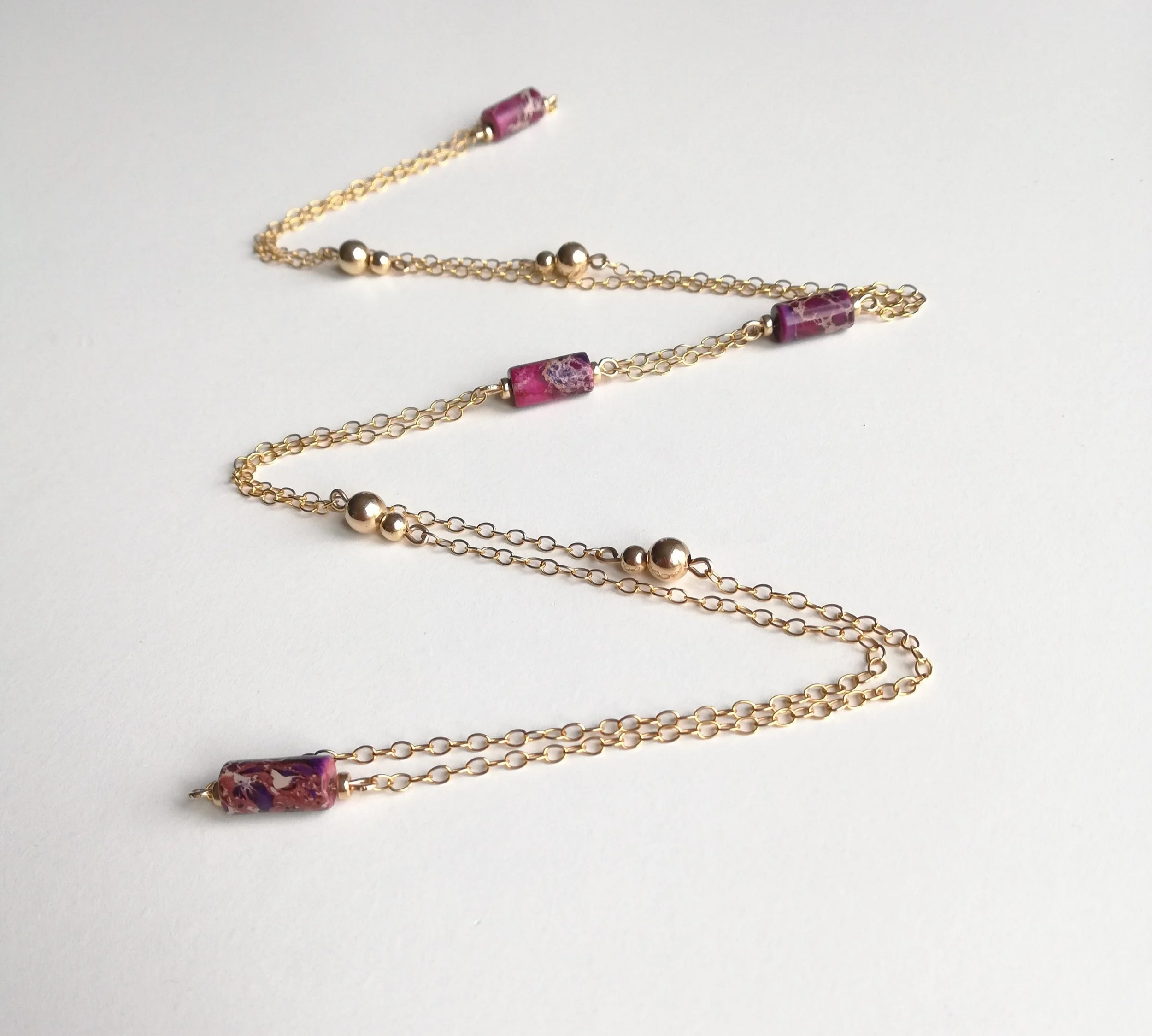 long chain necklace with purple Jasper in 14ct gold fill
