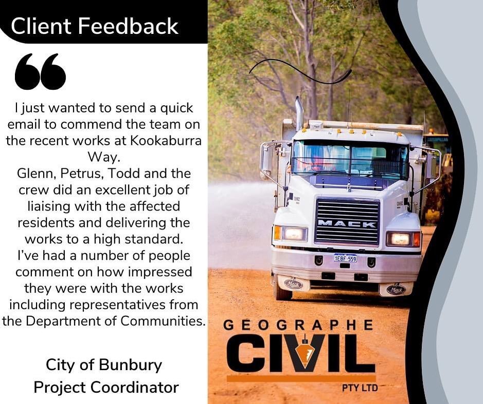 At Geographe Civil we aim to ensure our customers and the community are happy with our work. Congratulations to our team!
&bull;
&bull;
&bull;
#bunburywa #southwestwa #civilconstruction #jobswa #geographecivilptyltd #cityofbunbury