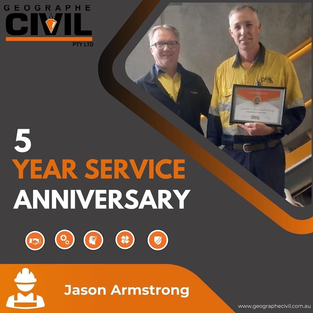 Congratulations to Jason Armstrong on 5 years of service with us. We appreciate your work and dedication to the company.
&bull;
&bull;
&bull;
#bunburywa #southwestwa #civilconstruction #geographecivilptyltd #jobswa