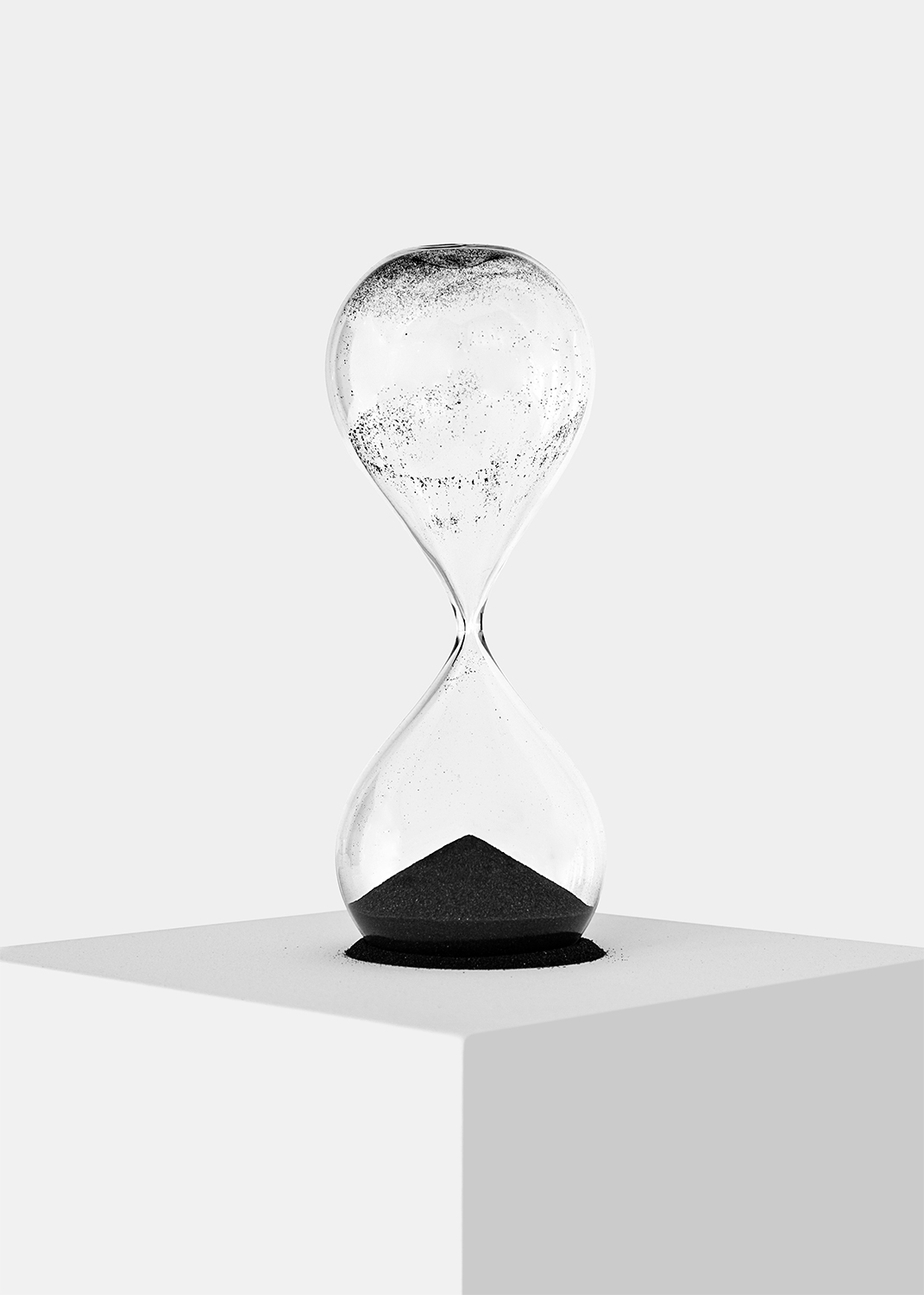 "Second Instance (The Middle)" open and overturned hand-blown hourglass, black sand 15 in. tall 2012