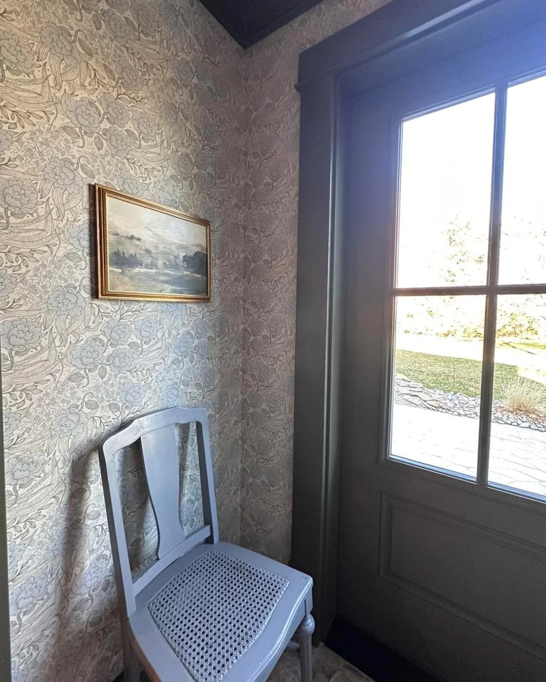 {Green &amp; Blue} . . . this combination is just so pretty and classic! Dark Olive paint color by Benjamin Moore in Satin Impervo to add rich color to trim and crown molding sets off the North &amp; Finch wallpaper called Peony in Pigeon. You can ma