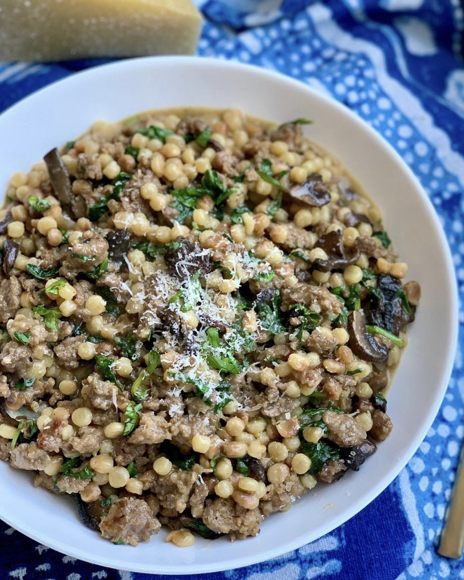 Fregola Sarda With Italian Sausage Mushrooms And Spinach The Corny Cook