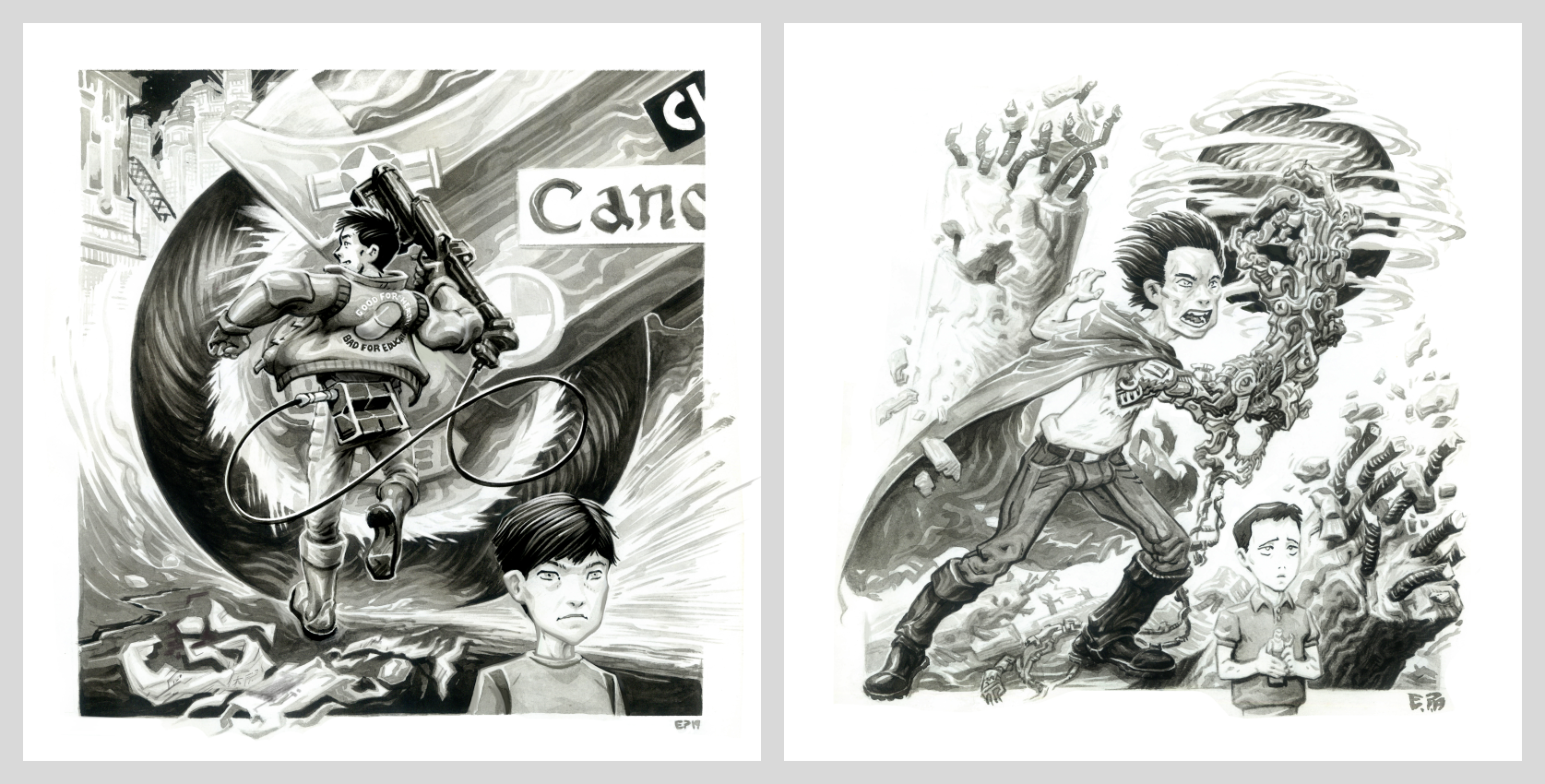 “The Yira Akira: Kaneda &amp; Tetsuo” Akira Fan-Art - 8x8” Inkwash on Bristol