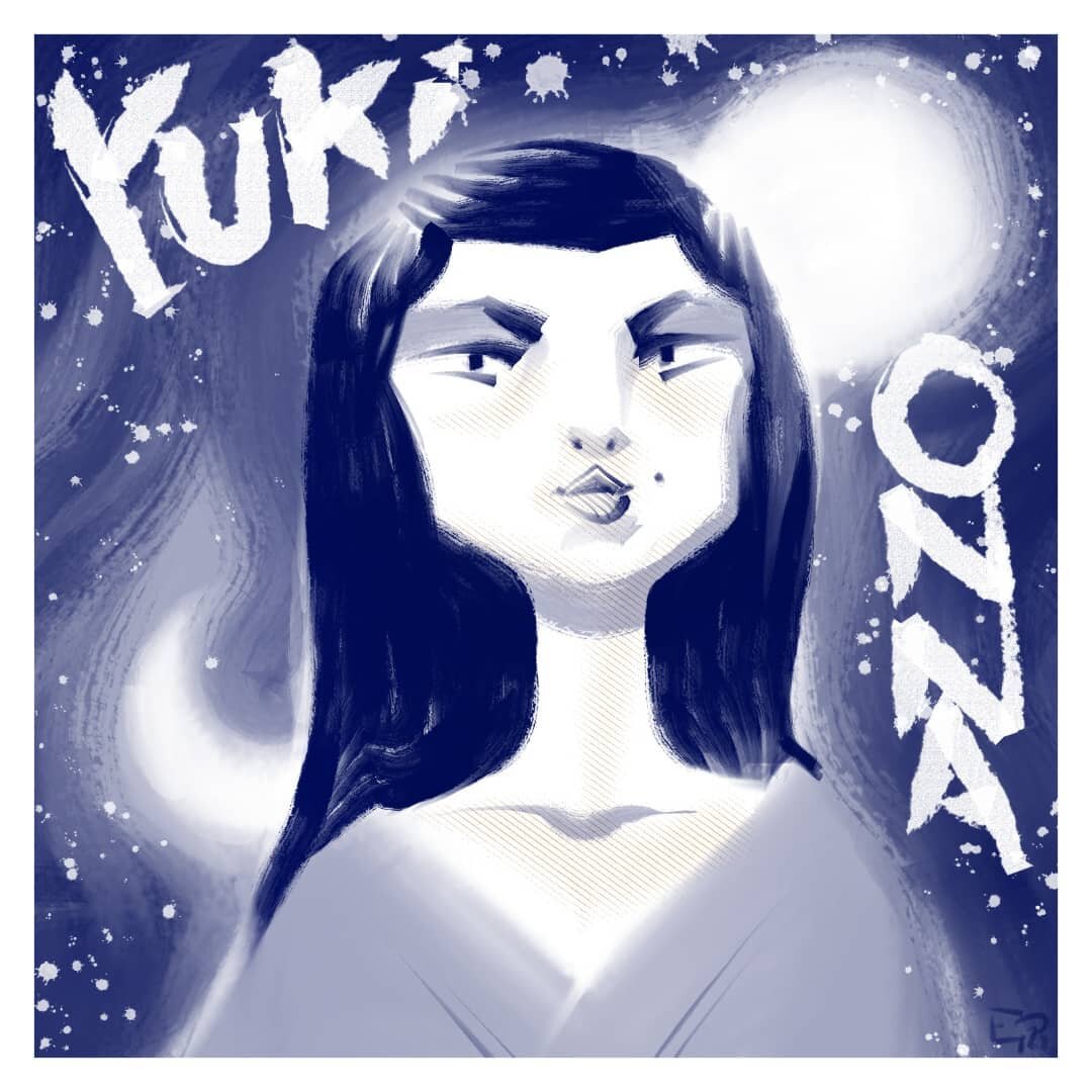 #Yokaitober 18: #YukiOnna - with #moon &amp; #mole (#facetober) &bull;&bull;&bull; #inktober #inktober2021 #sumi #ink #handlettering #yokai #folklore #snowwoman