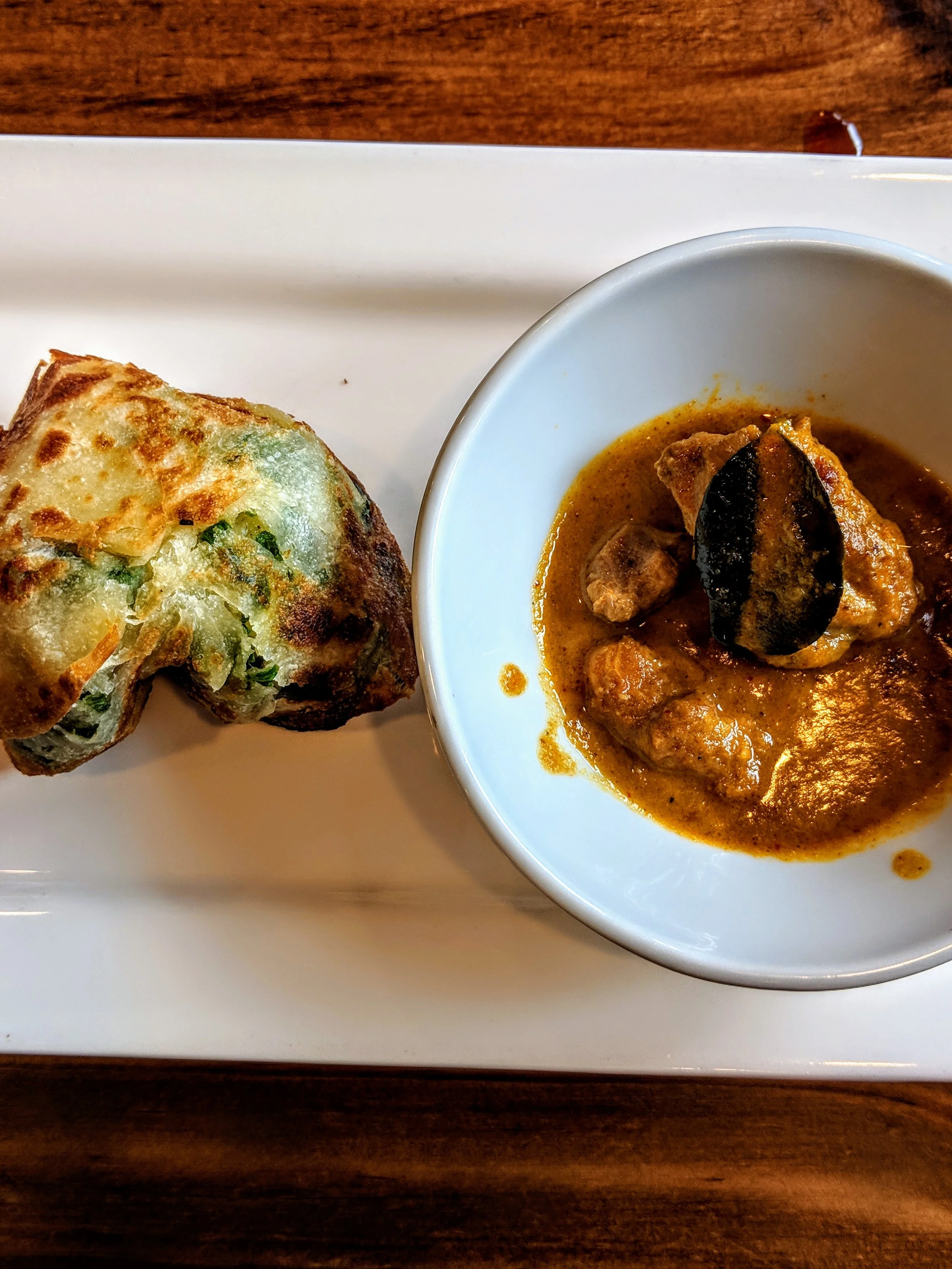 Scallion pancake with curry dipping sauce