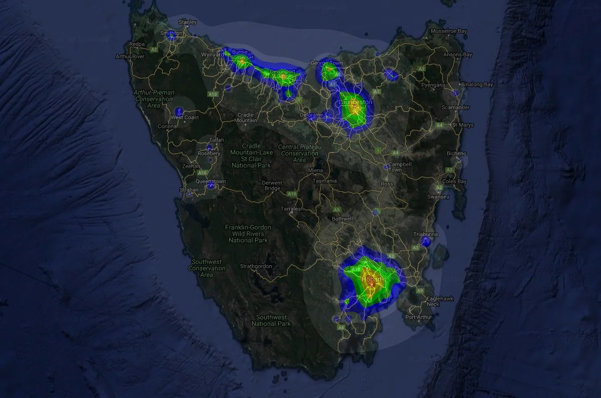 Map of light pollution in Tasmanian from Dark Site Finder