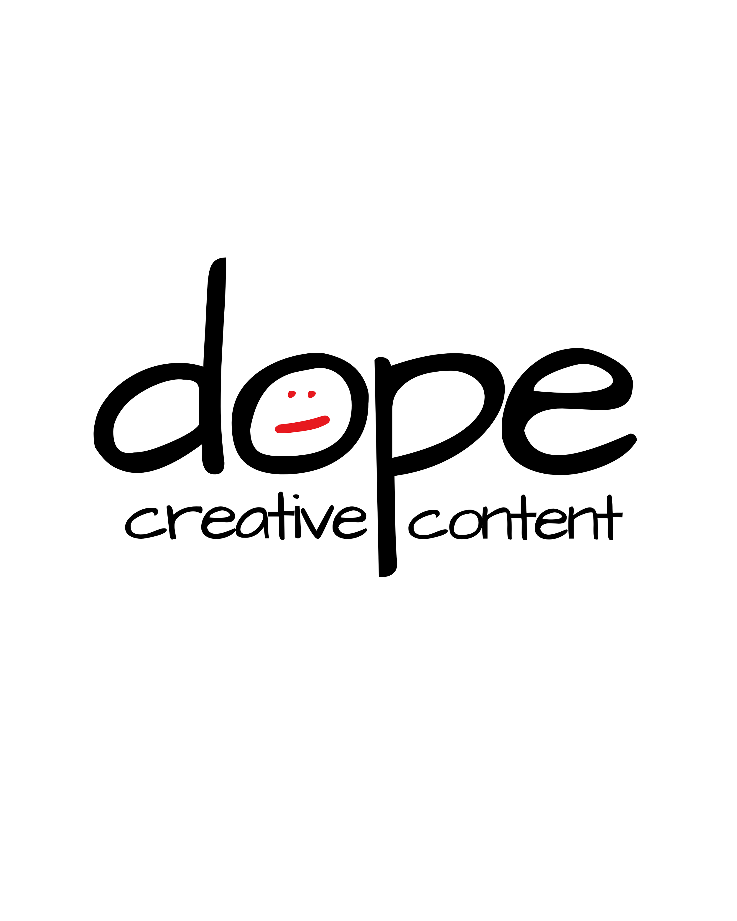 Logo with the word "dope" in black, playful font, with the 'o' stylized as a smiling face in red, and the words "creative" and "content" below in smaller black font.