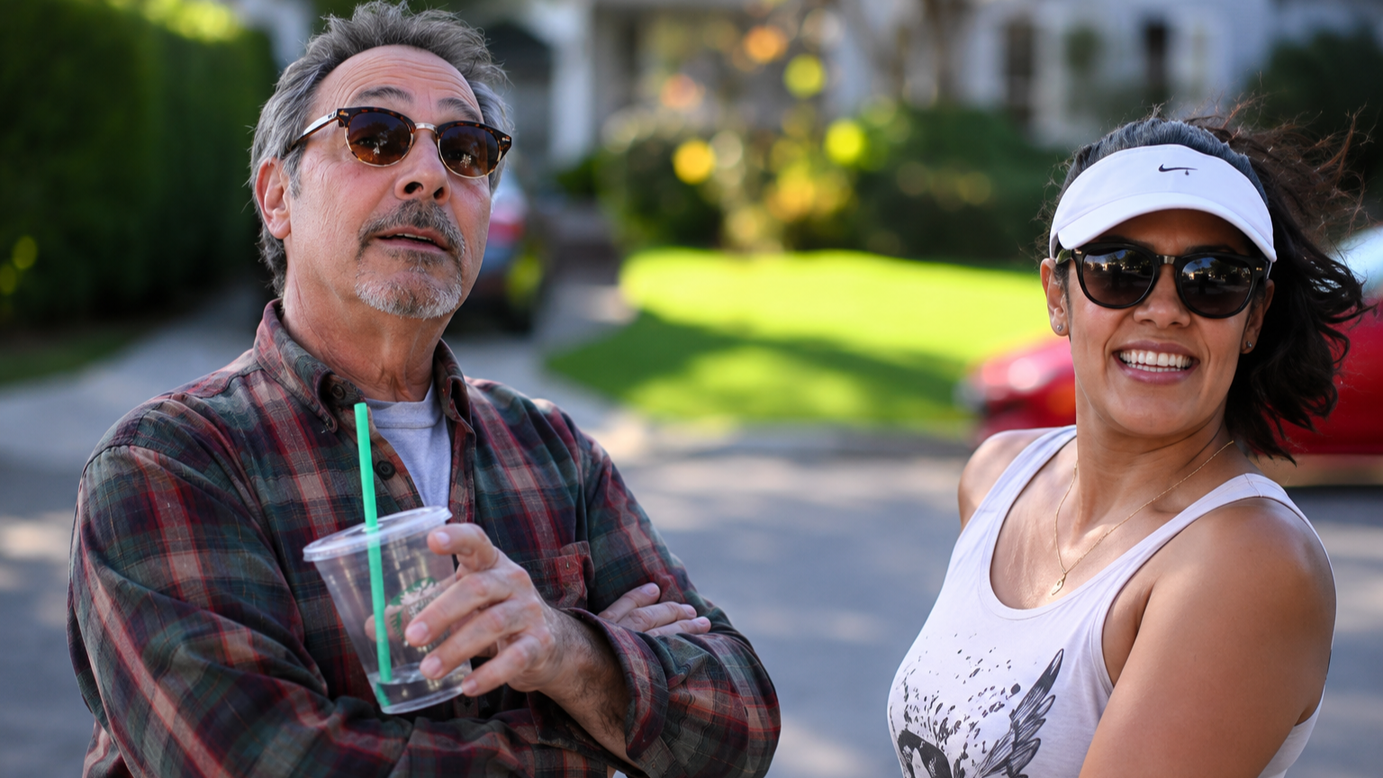 A middle-aged man with sunglasses holding a clear cup with a straw and a woman in athletic gear smiling outdoors.