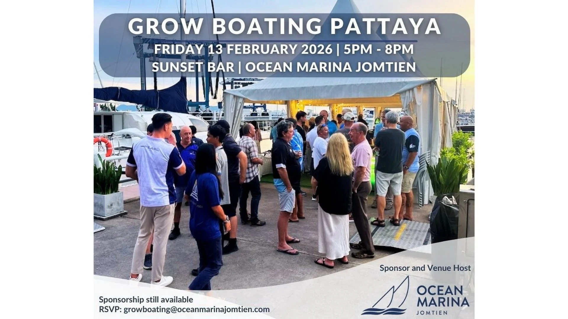 Grow Boating Pattaya Evening at the Sunset Bar at Ocean Marina Jomtien from 5pm on Friday the 13th of February 2026