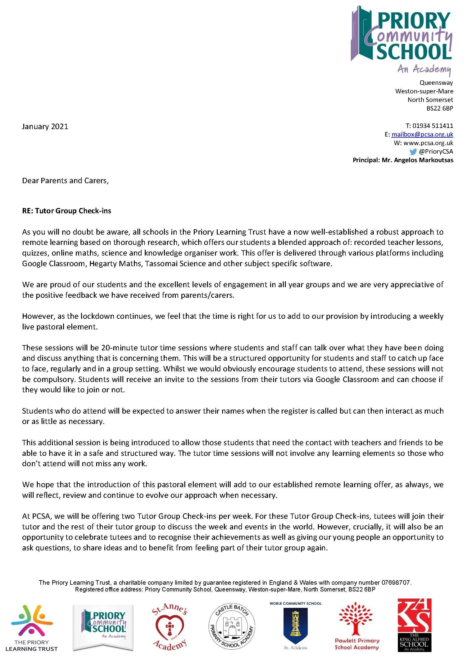 Latest News: Tutor Check-ins (Letter for Parents/Carers)