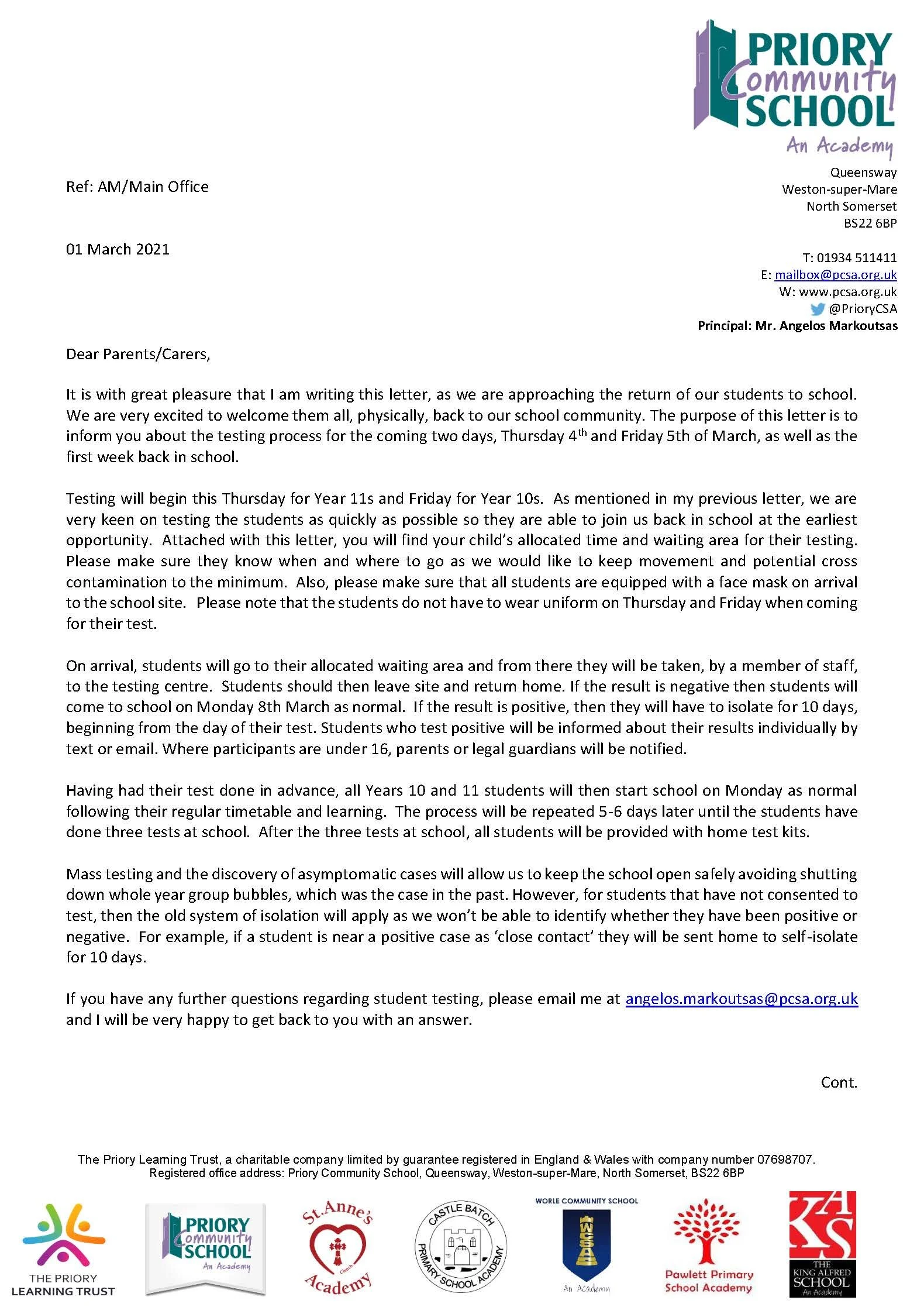 PCSA Reopening Information for Year 10 and 11