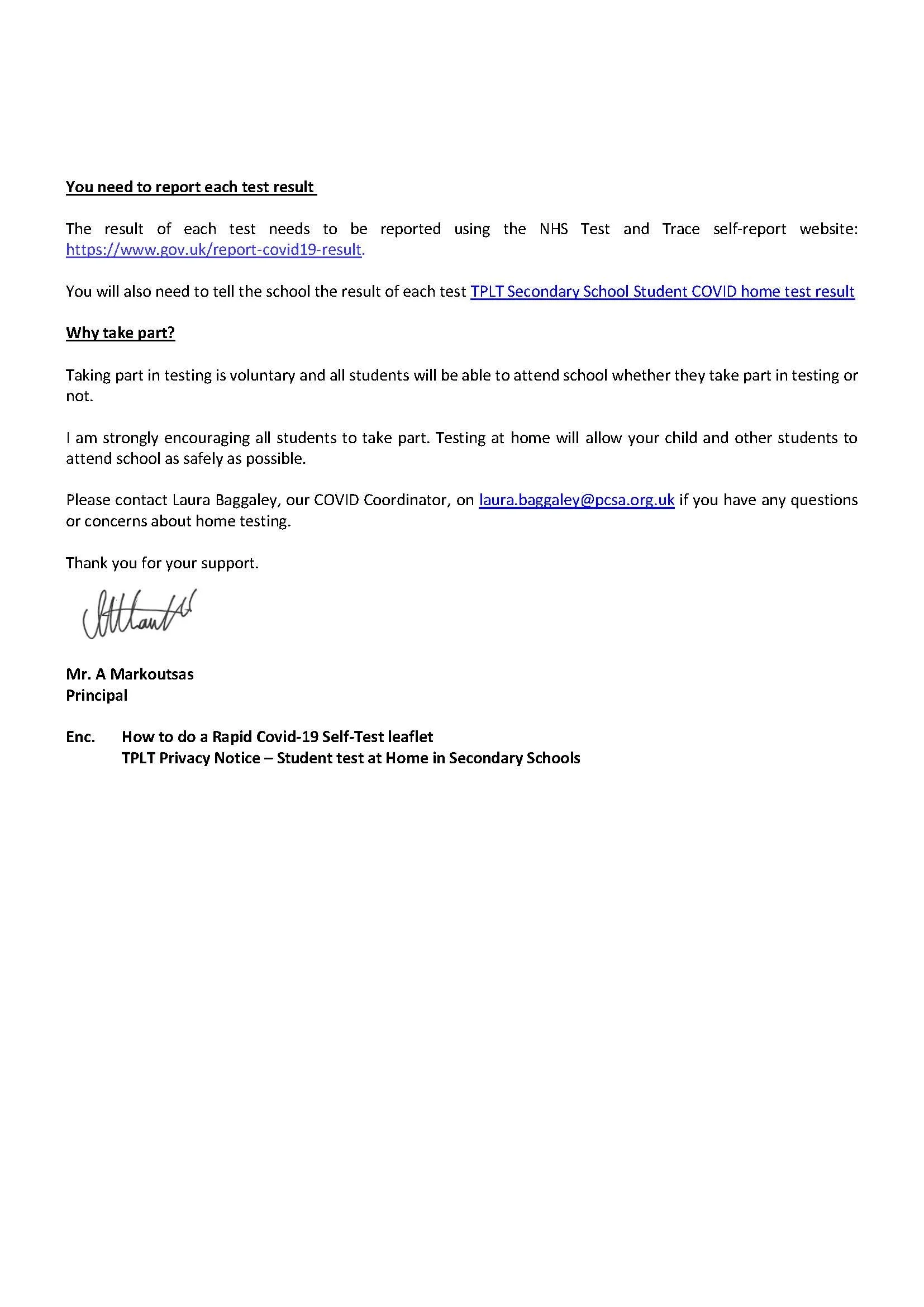 Secondary Home Testing Letter (all parents/carers) — PCSA