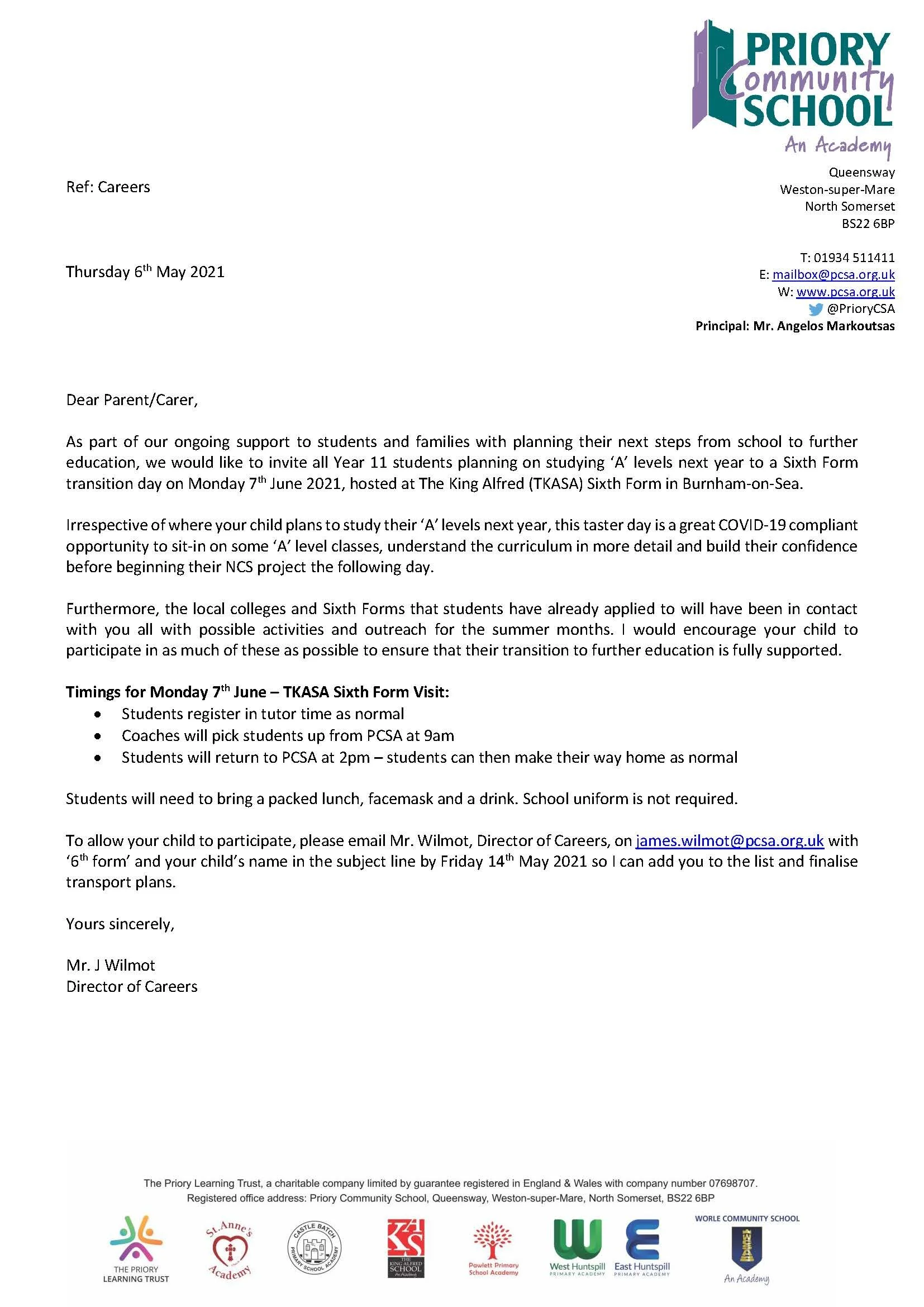 Year 11 TKASA Sixth Form Taster Day - Letter to Parents/Carers
