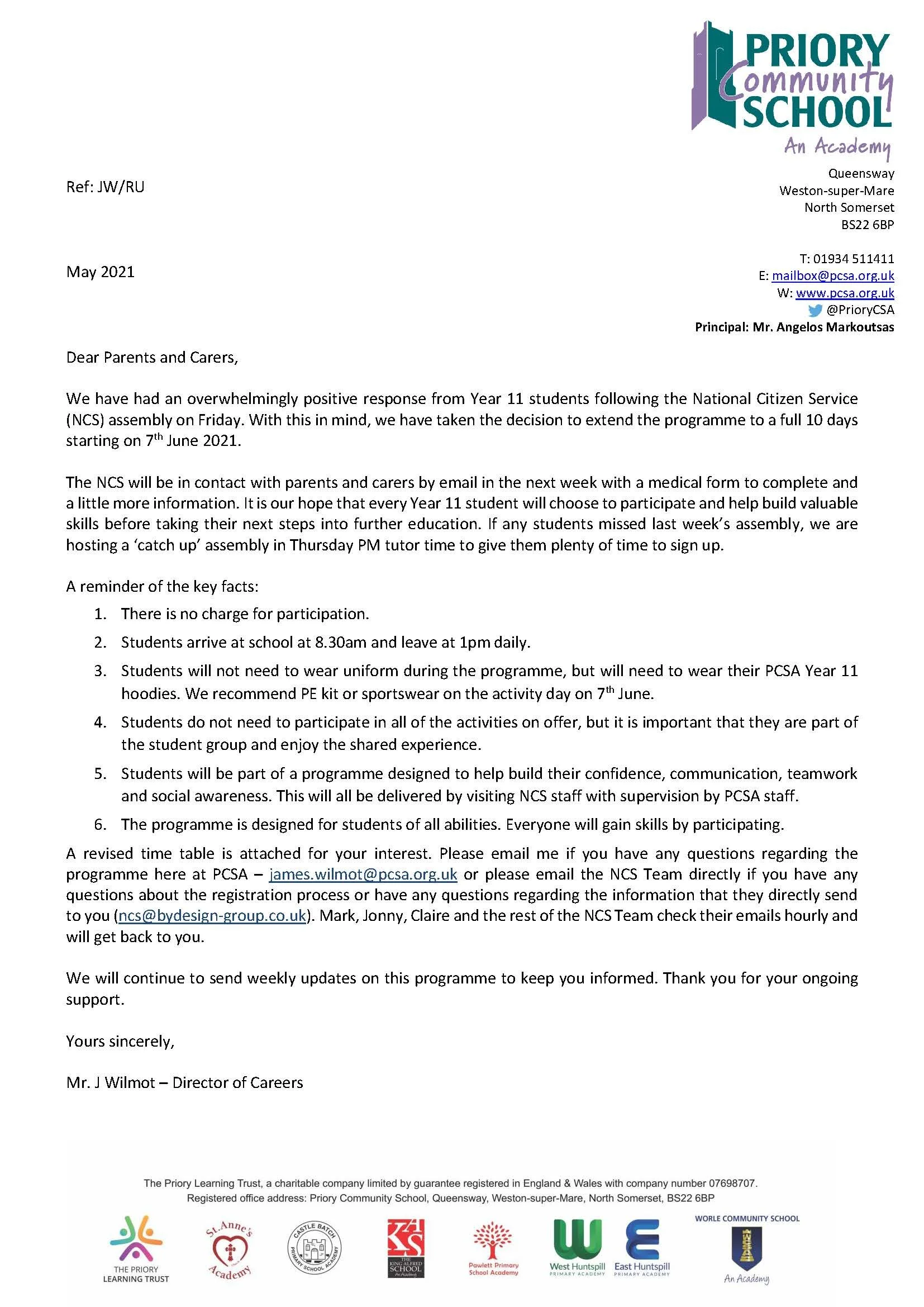 Year 11 National Citizen Service Update - Letter to Parents/Carers (12 May 2021)