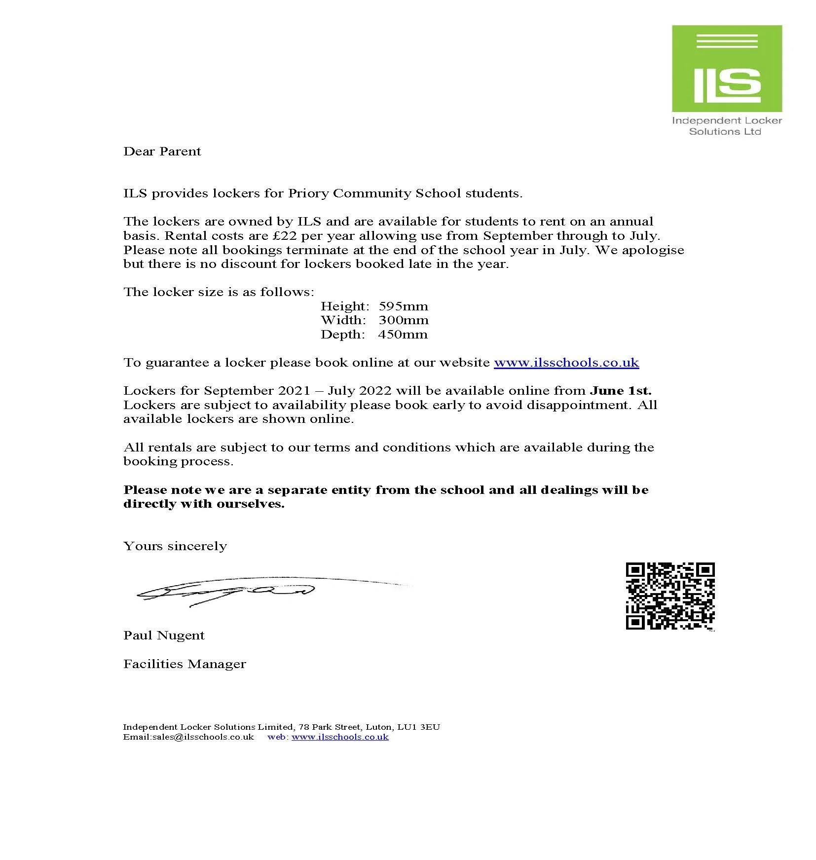 ILS Lockers - Letter for students joining us in Year 7 in September 2021