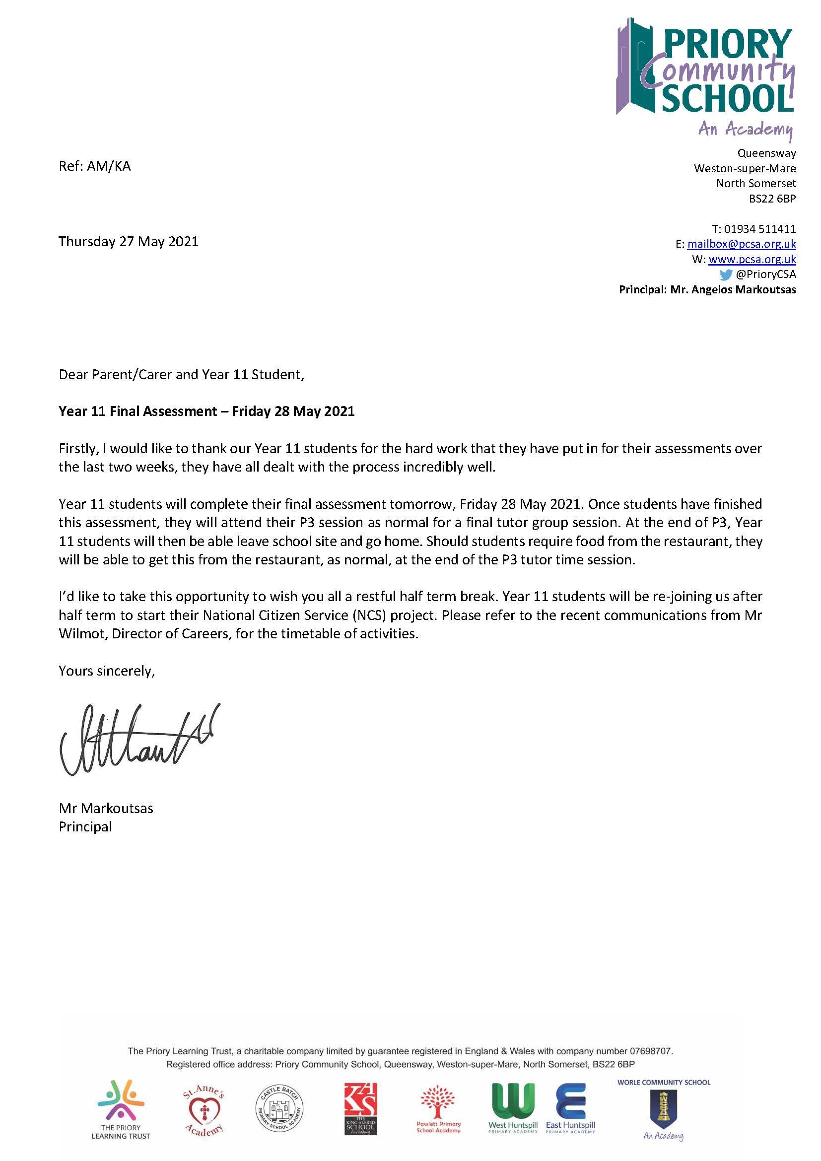 Year 11 Parent/Carer Update - Friday 28 May 2021