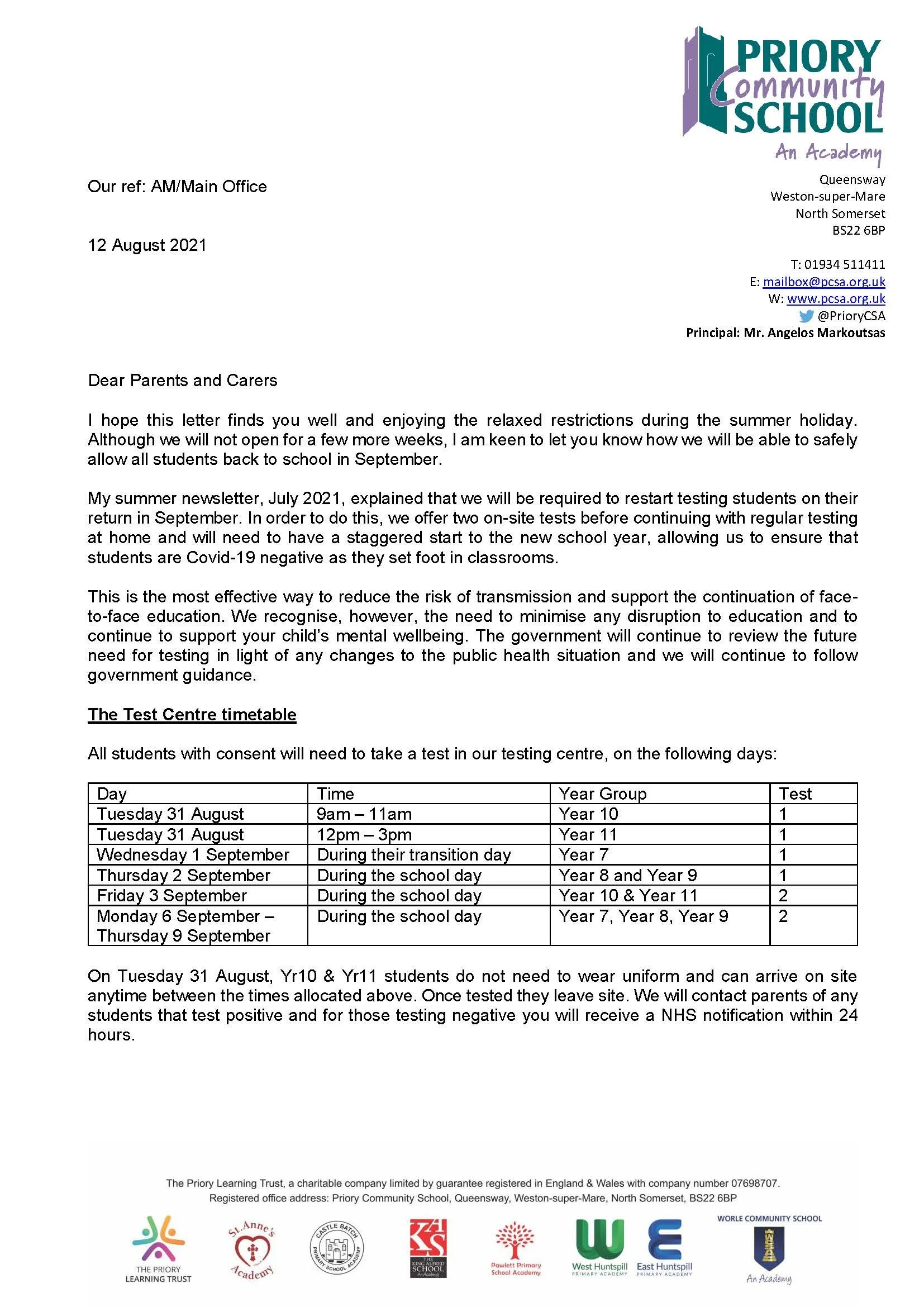 New: COVID-19 Testing September 2021 Update (Letter to all Parents/Carers)