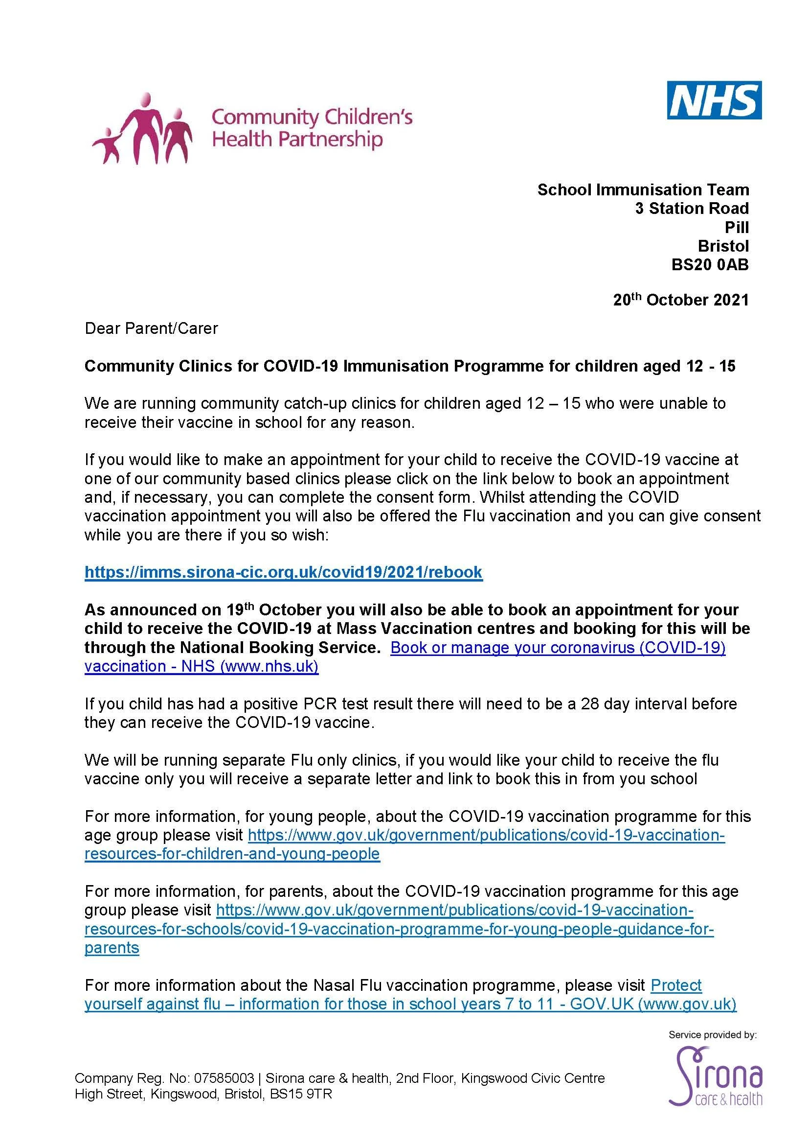 Community Clinics for COVID-19 Immunisation Programme for children aged 12 - 15