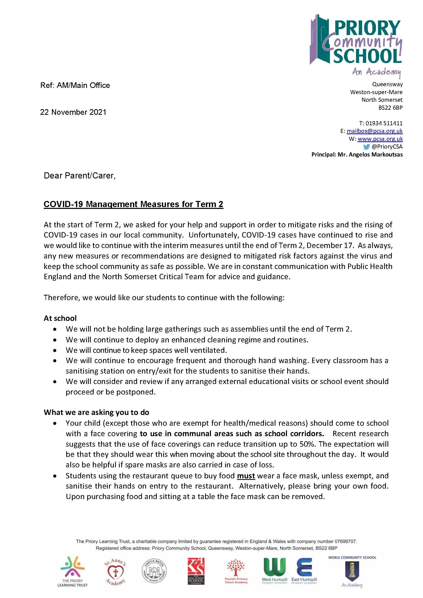 COVID-19 Update to Parents/Carers - Monday 22 November 2021