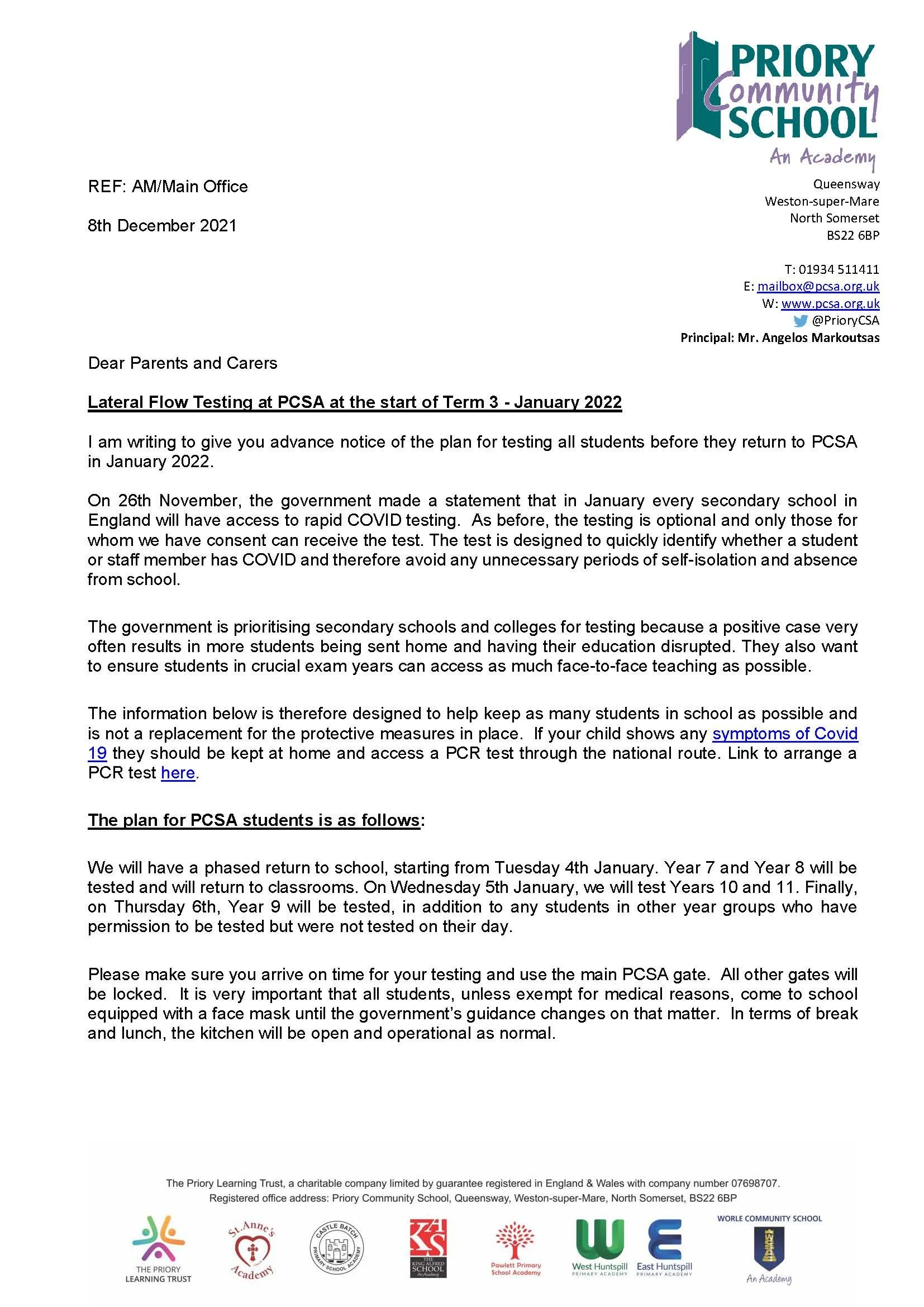 COVID-19 Update for Parents/Carers - Wednesday 8 December 2021