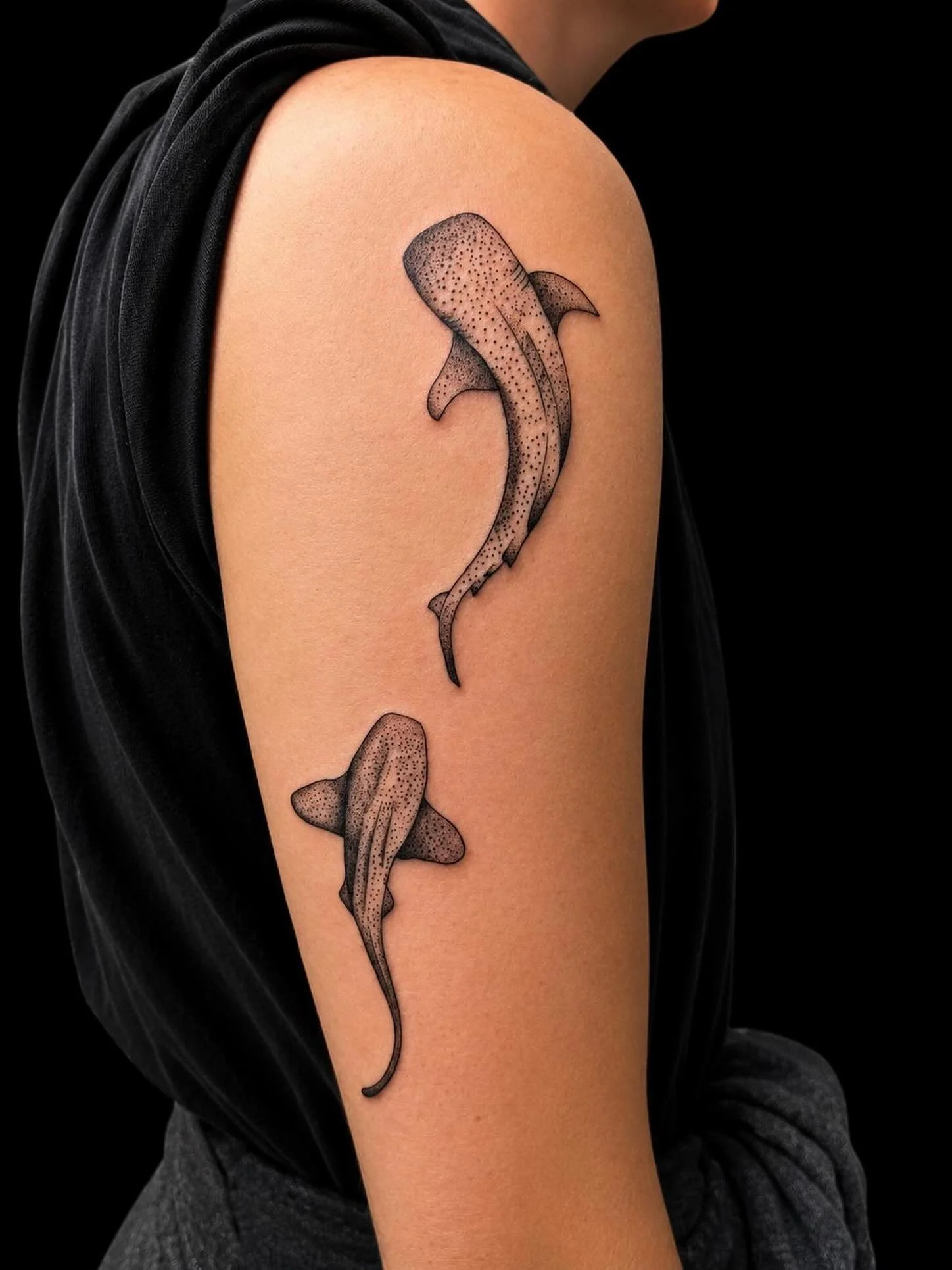 There&rsquo;s always a vibe with ocean-inspired pieces 🌊
Soft movement, fine detail, and the calm strength these whale sharks carry made this one such a beautiful piece

Delicate black &amp; grey work designed to flow naturally with the body. Iff yo