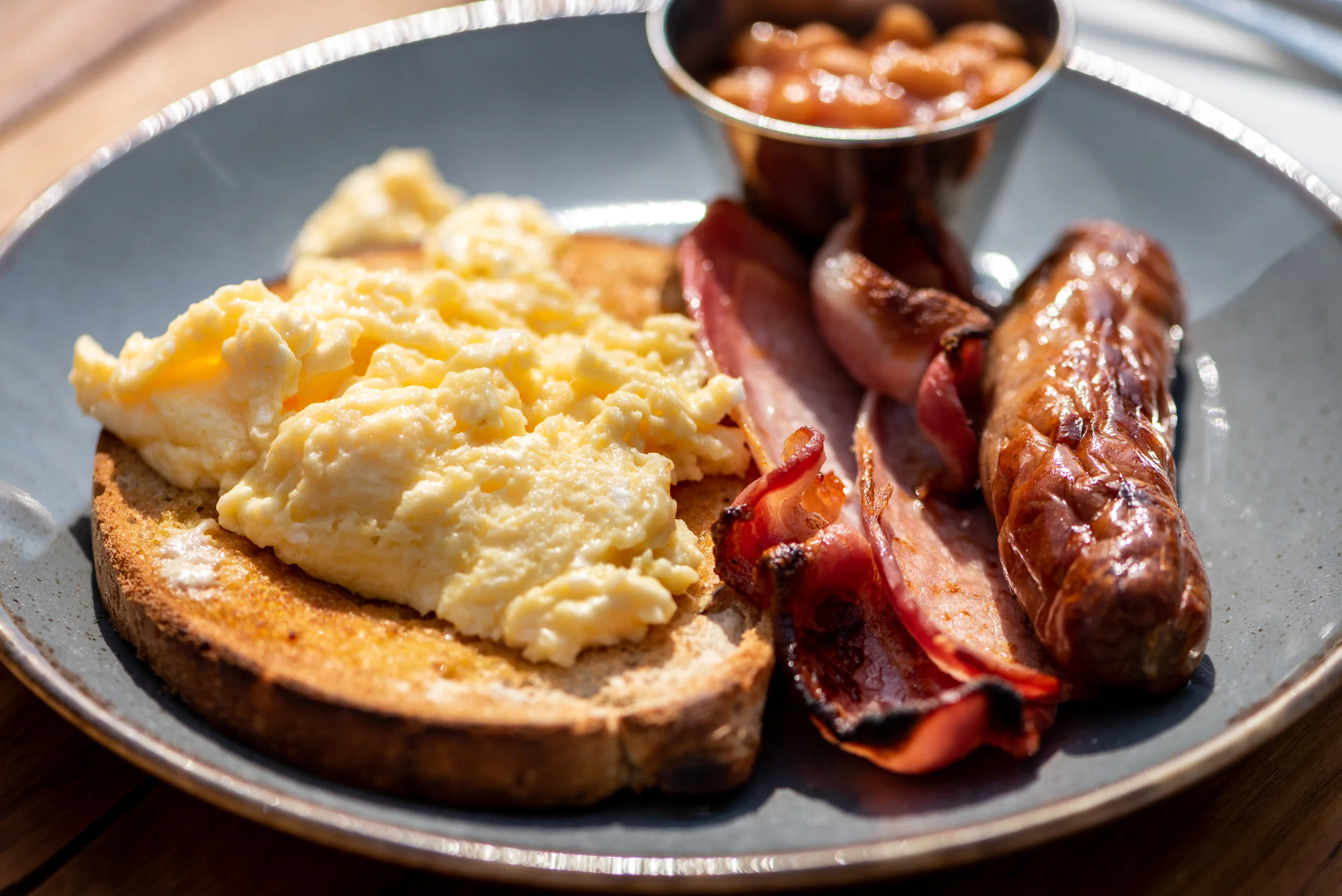 Local Sausage, Scrambled Egg & Baked Beans With Added Bacon
