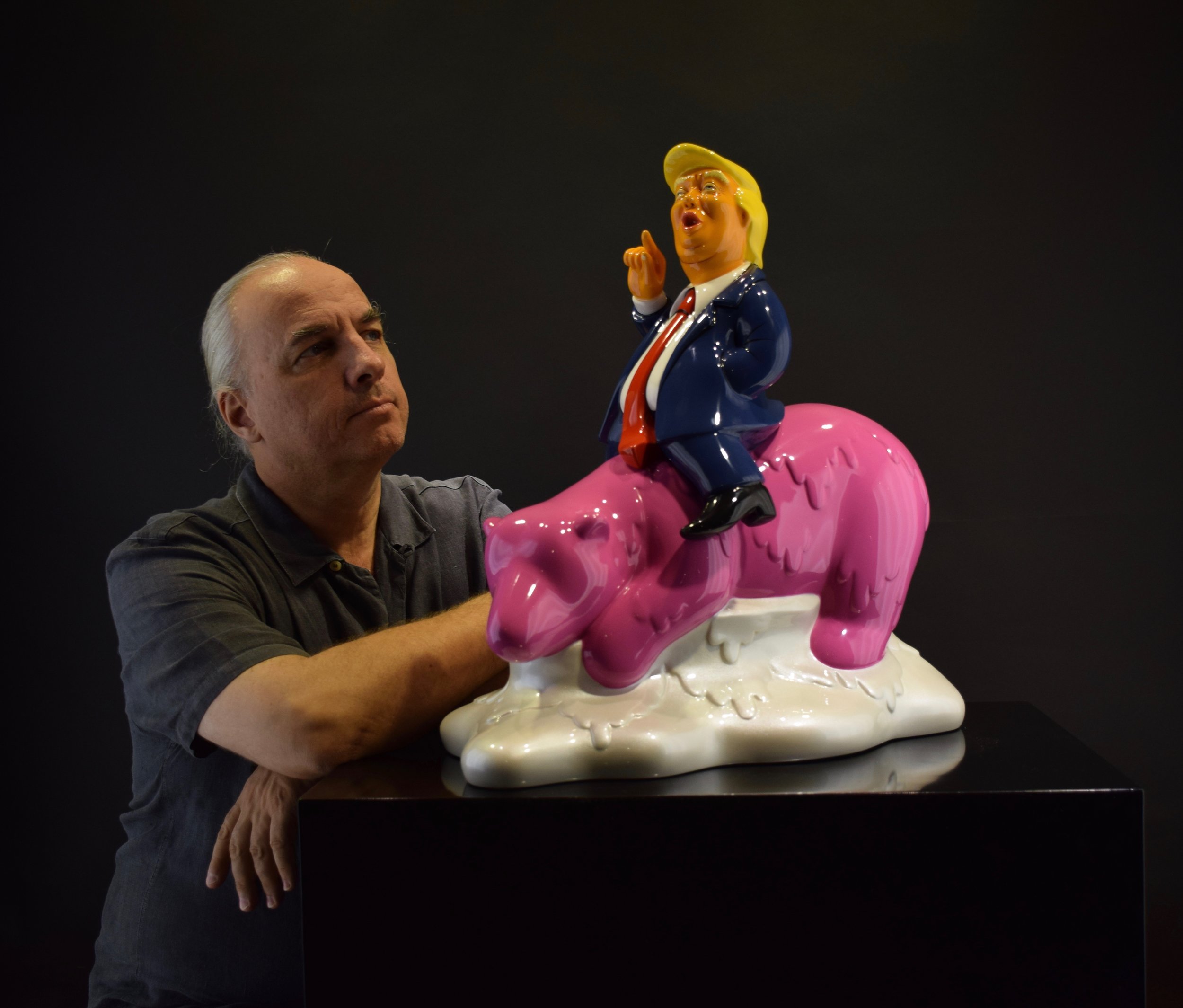 Fake The Climate with artist Arnaud Nazare-Aga Pop Art Trump sculpture on bear Dark Pink &amp; White Pearl