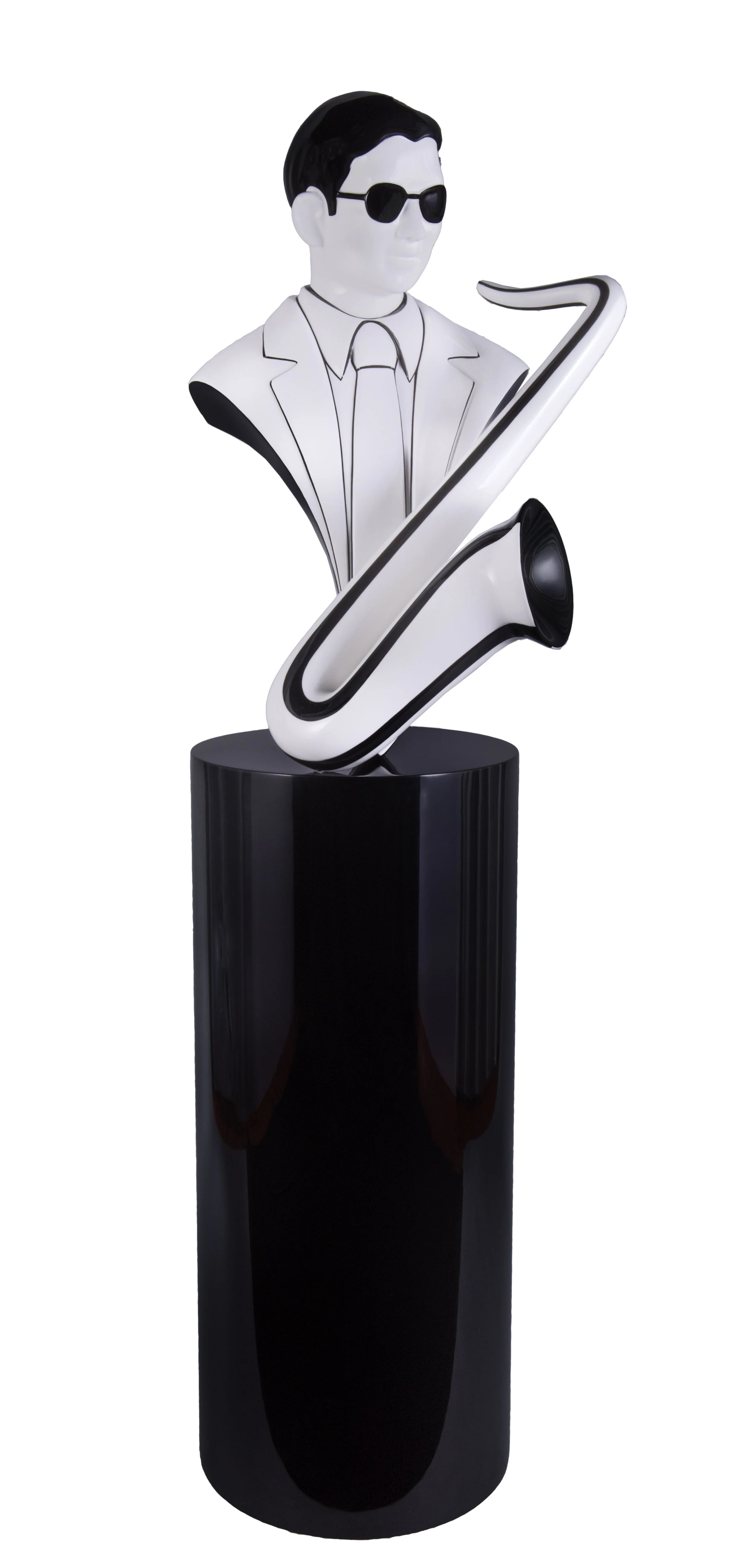 I Feel Like a Bird, King Rama 9 collection: black and white pop-art bust in profile with sunglasses and a saxophone, on a black column