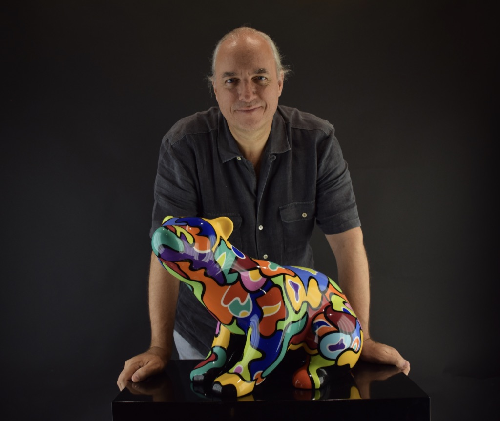 Sitting Bear with artist Arnaud Nazare-Aga Pop art Bear sculpture 