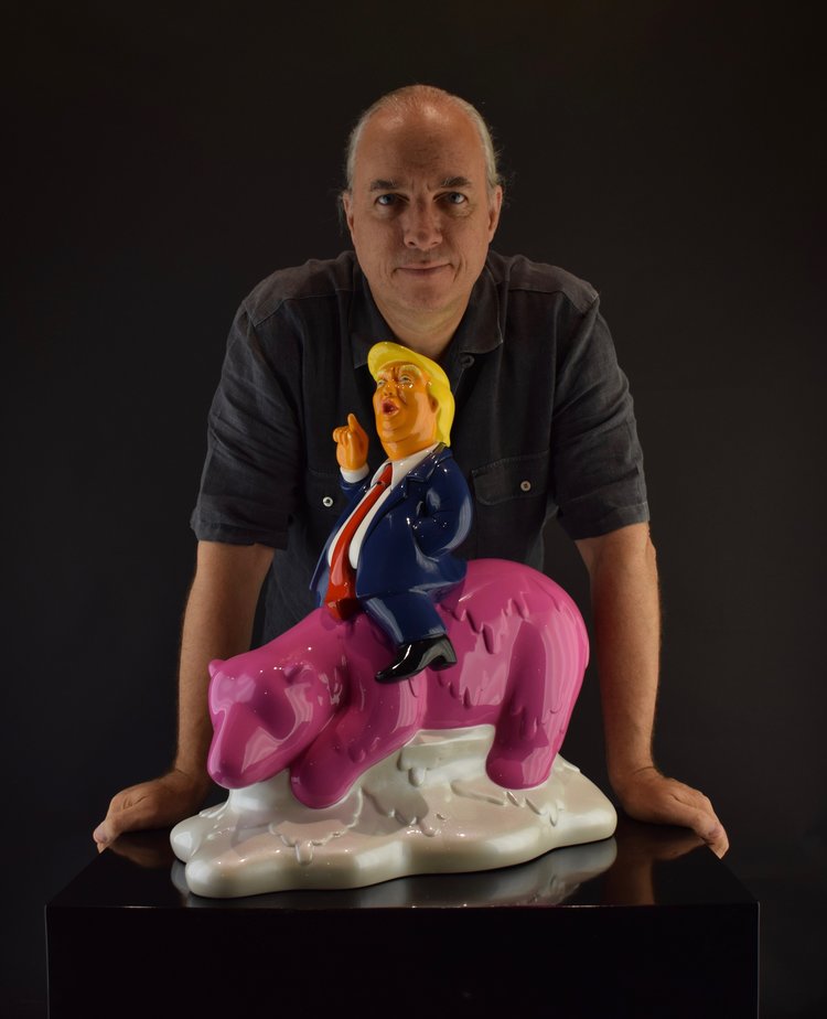 Fake The Climate with artist Arnaud Nazare-Aga Pop Art Trump sculpture on bear Dark Pink &amp; White Pearl 02