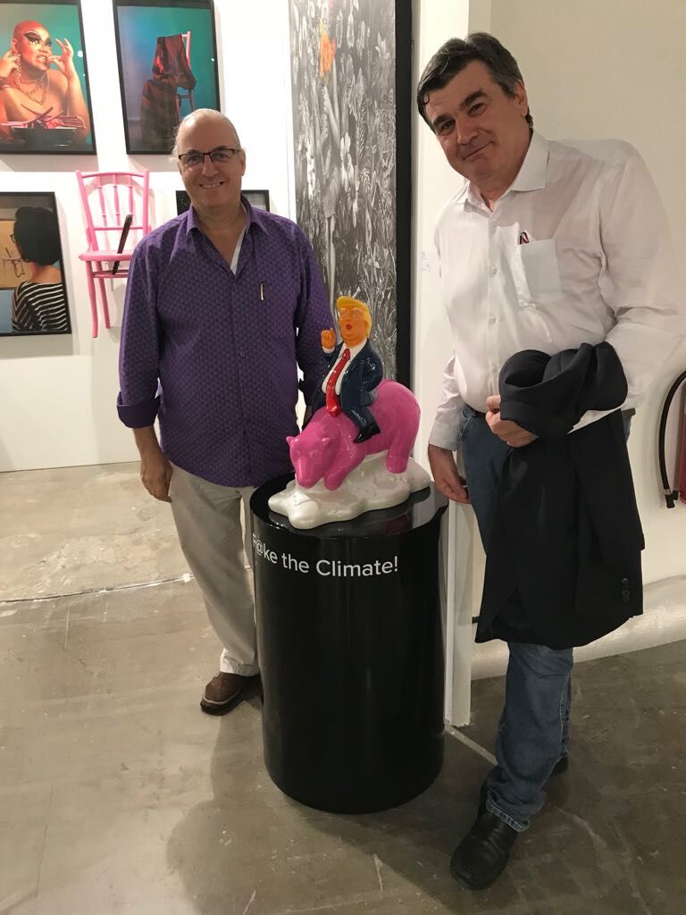 Fake The Climate with artist Arnaud Nazare-Aga Pop Art Trump sculpture on bear Dark Pink Exhibition