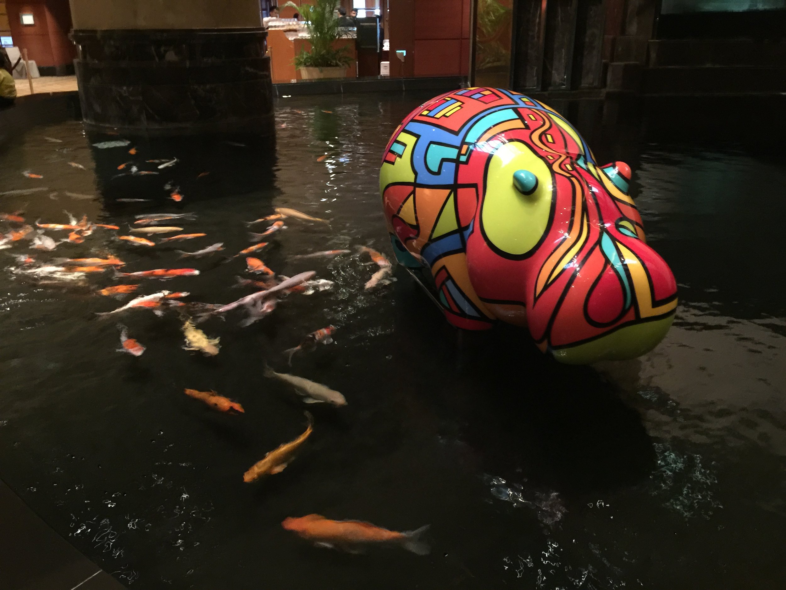 Hippop Art Artheline Pop art hippo sculpture koi fish pond