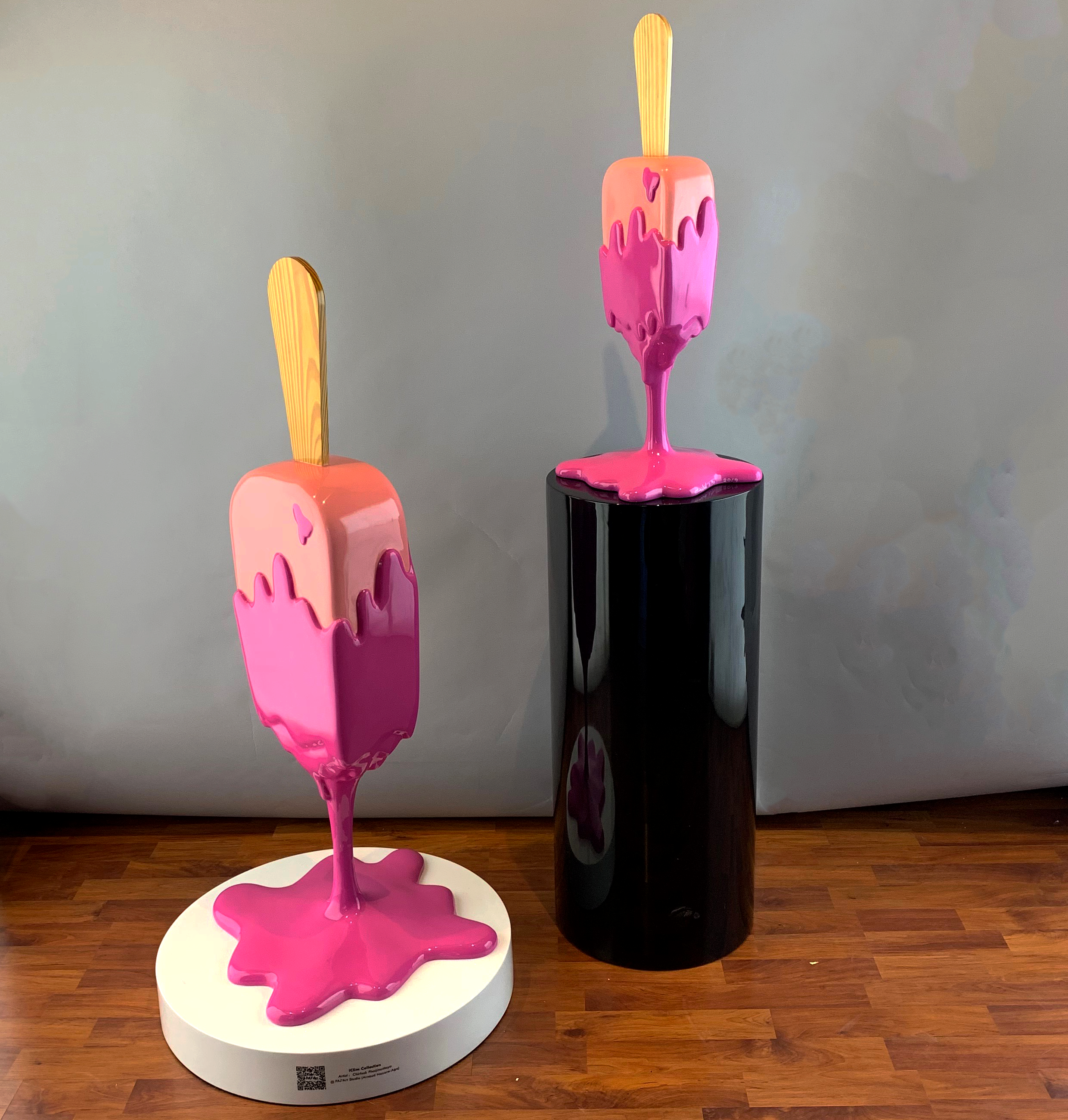 Big and small strawberry ice creams pop art sculptures