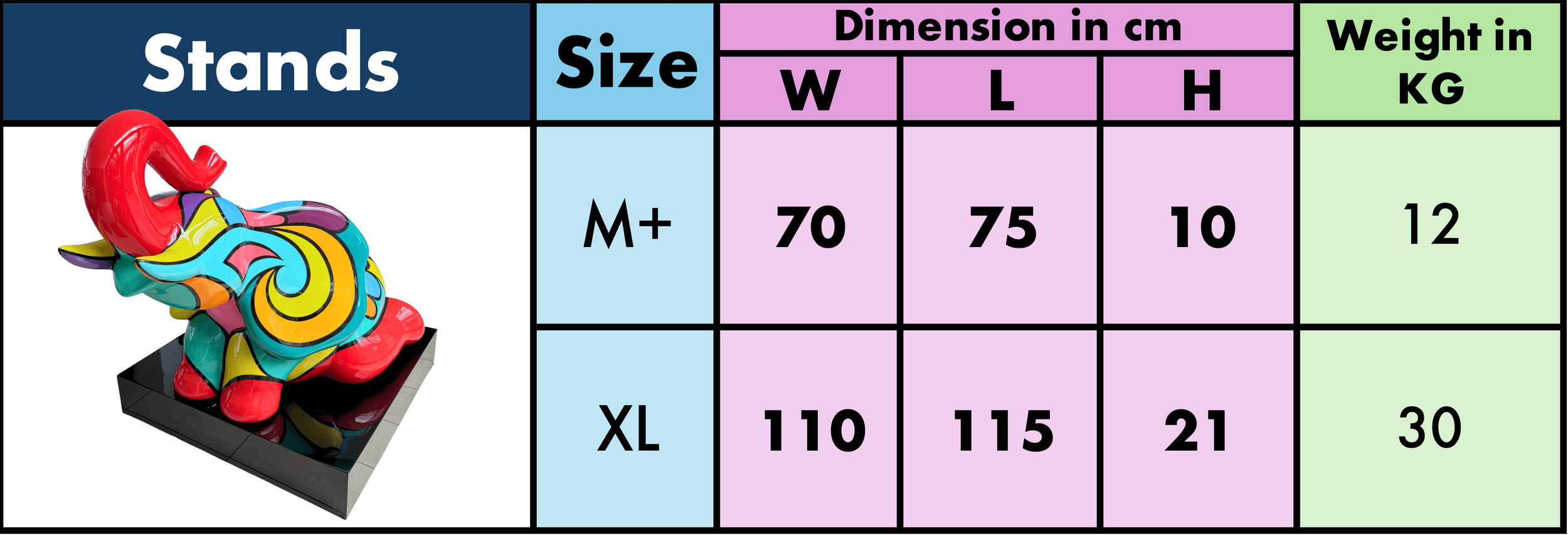 Dimensions of the stands of Elephant Sculptures, Lying Pop Collection by Arnaud Nazare-Aga.